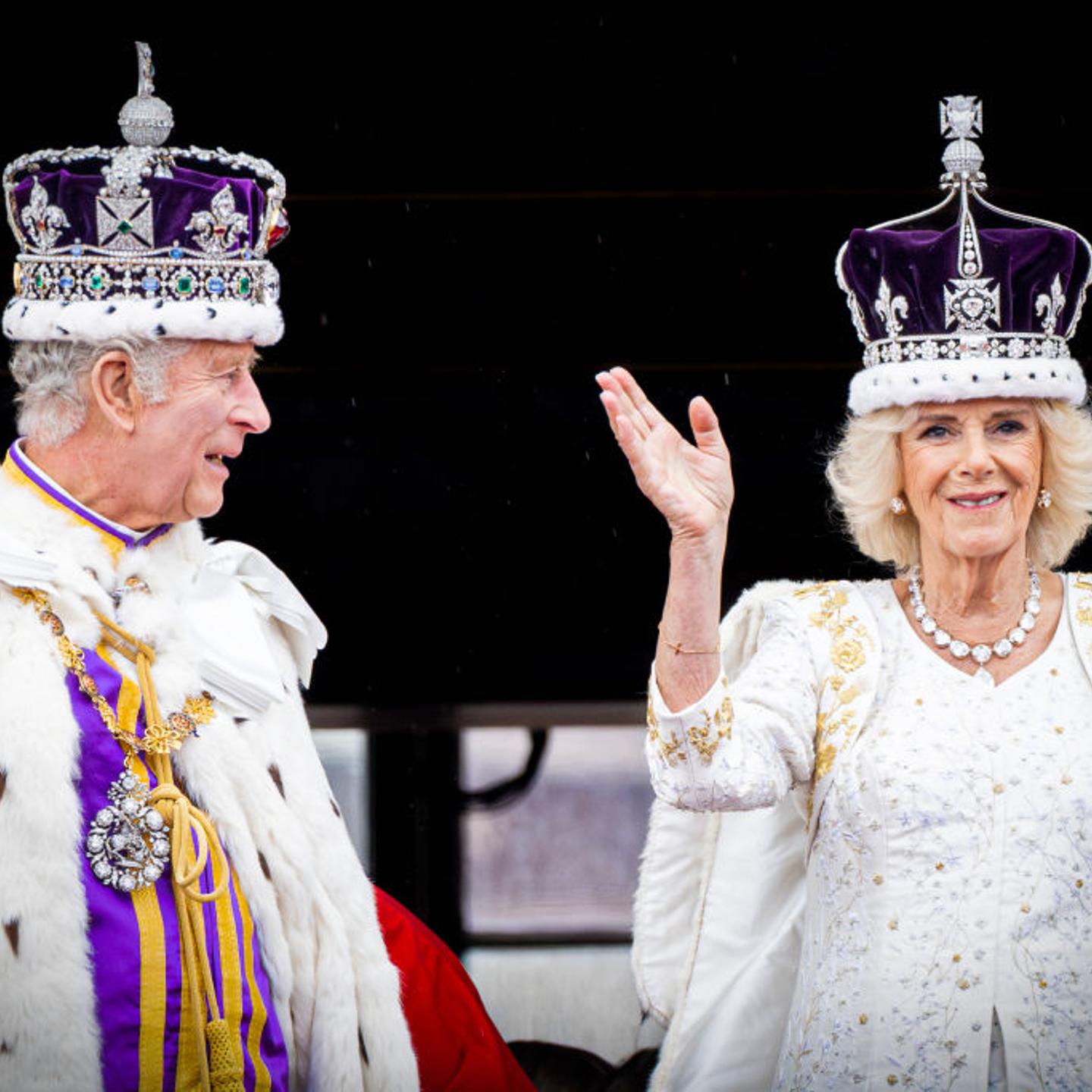 King Charles III and Queen Camilla at the balcony of Buckingham Palace during the Coronation of King Charles III and Queen Camilla on May 6, 2023 in London.
