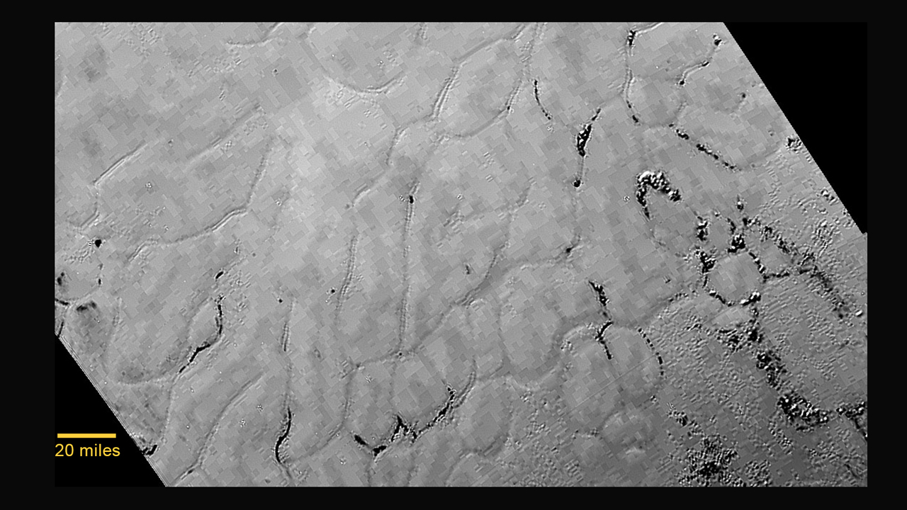 In the center left of Pluto’s vast heart-shaped feature – informally named “Tombaugh Regio” - lies a vast, craterless plain that appears to be no more than 100 million years old, and is possibly still being shaped by geologic processes. This frozen region is north of Pluto’s icy mountains and has been informally named Sputnik Planum (Sputnik Plain), after Earth’s first artificial satellite. The surface appears to be divided into irregularly-shaped segments that are ringed by narrow troughs. Features that appear to be groups of mounds and fields of small pits are also visible. This image was acquired by the Long Range Reconnaissance Imager (LORRI) on July 14 from a distance of 48,000 miles (77,000 kilometers). Features as small as one-half mile (1 kilometer) across are visible. The blocky appearance of some features is due to compression of the image.