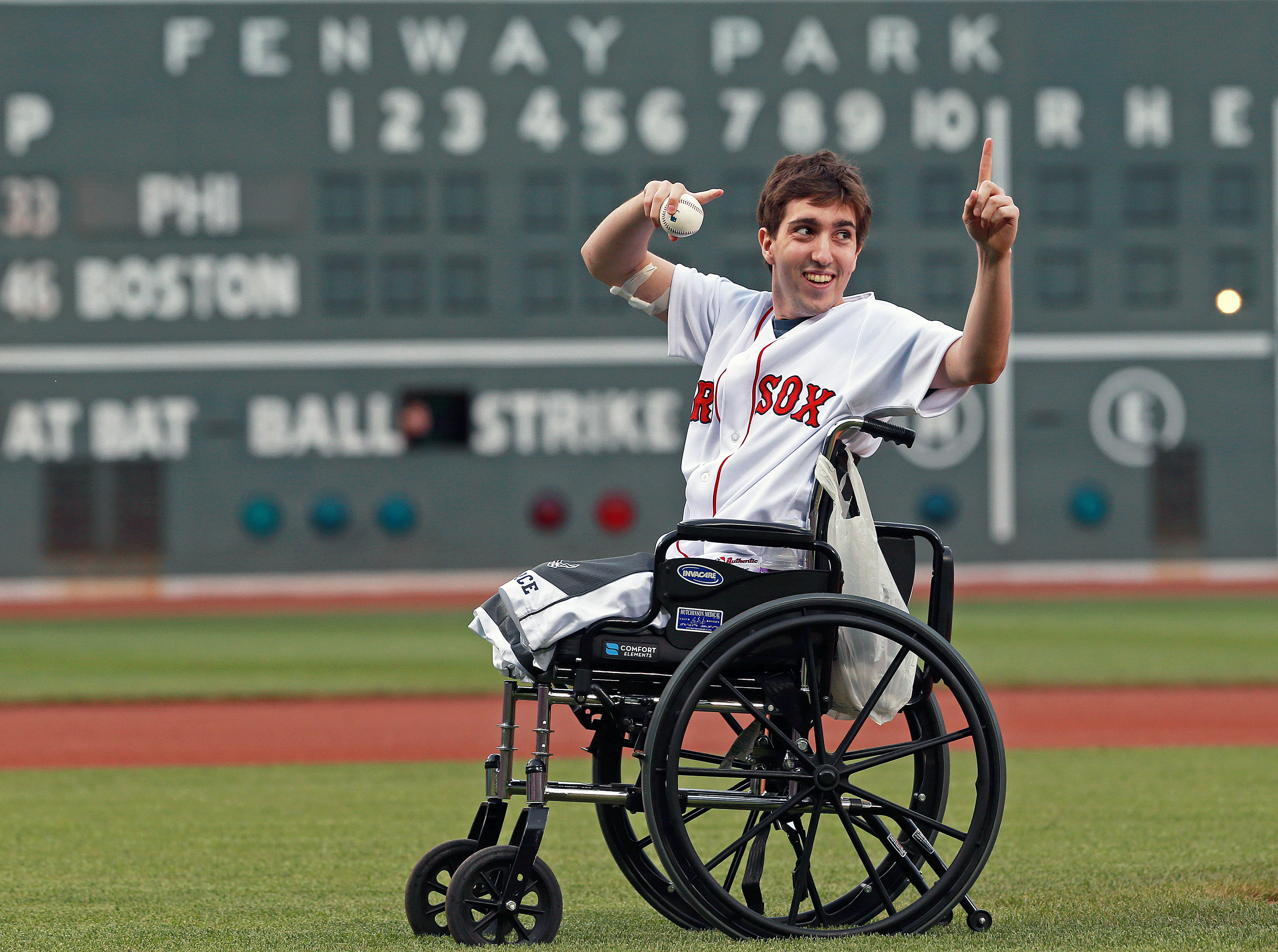 Jeff Bauman Throws First Pitch At Fenway Park