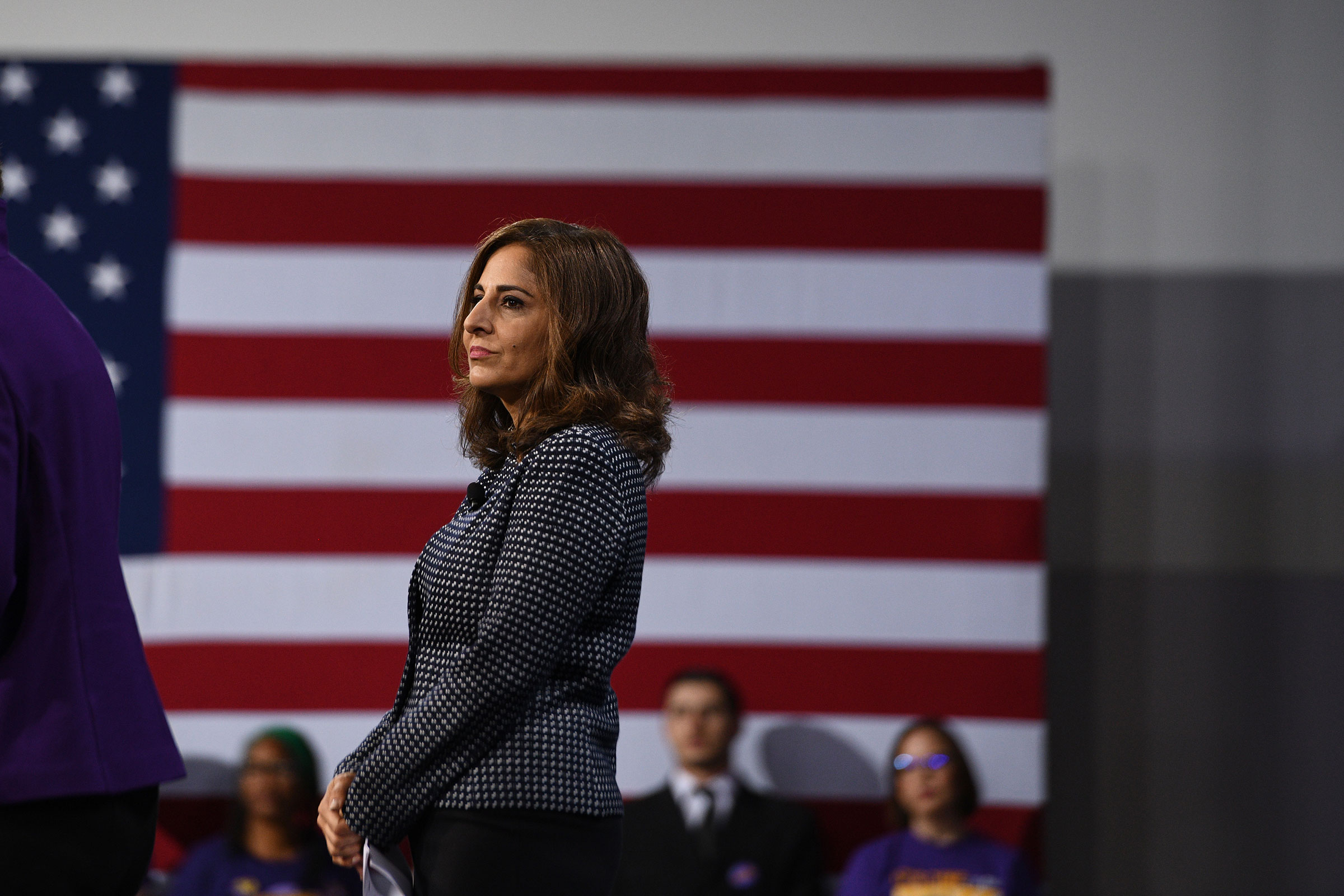 Neera Tanden listens during the National Forum on Wages and Working People in Las Vegas on April 27, 2019.