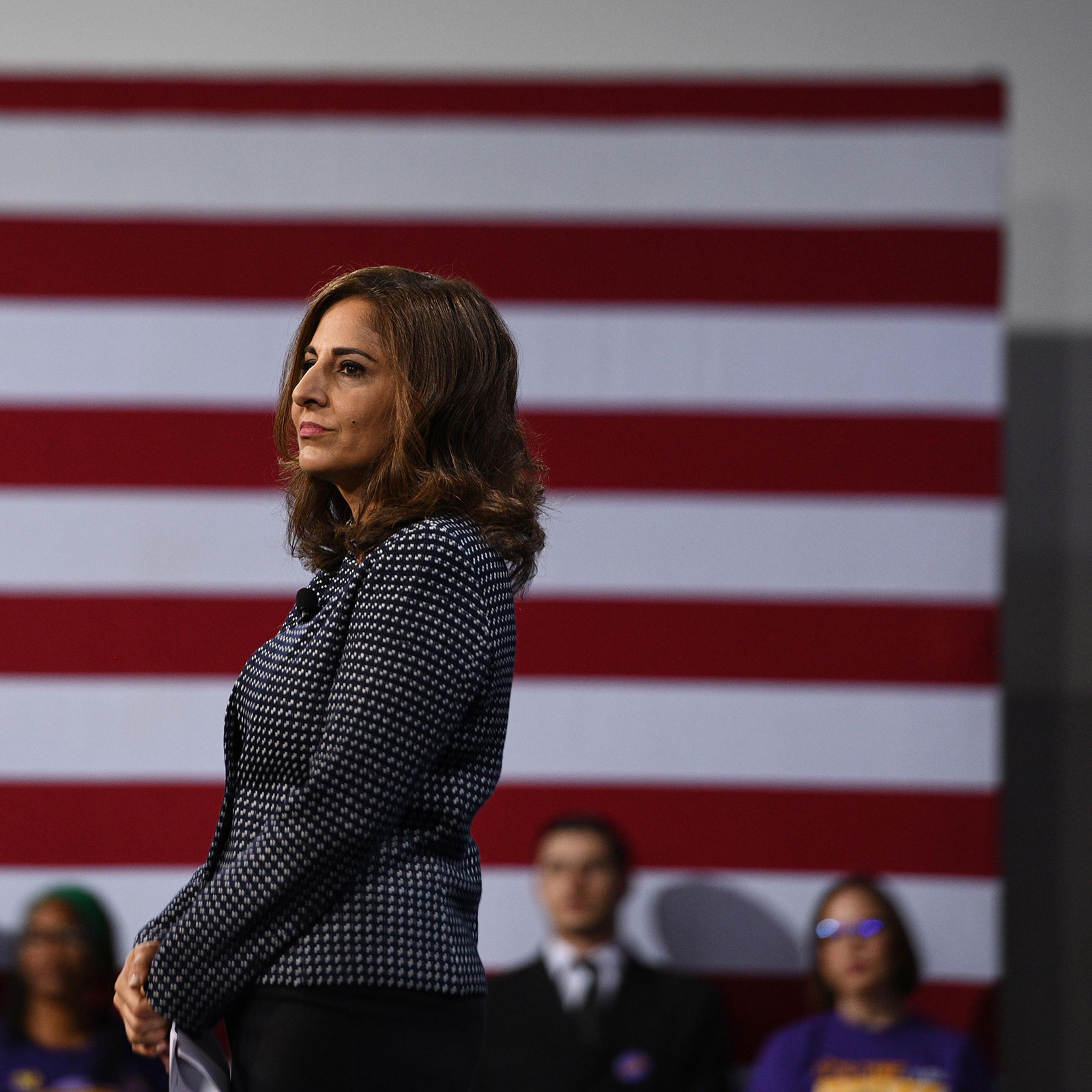 Neera Tanden listens during the National Forum on Wages and Working People in Las Vegas on April 27, 2019.