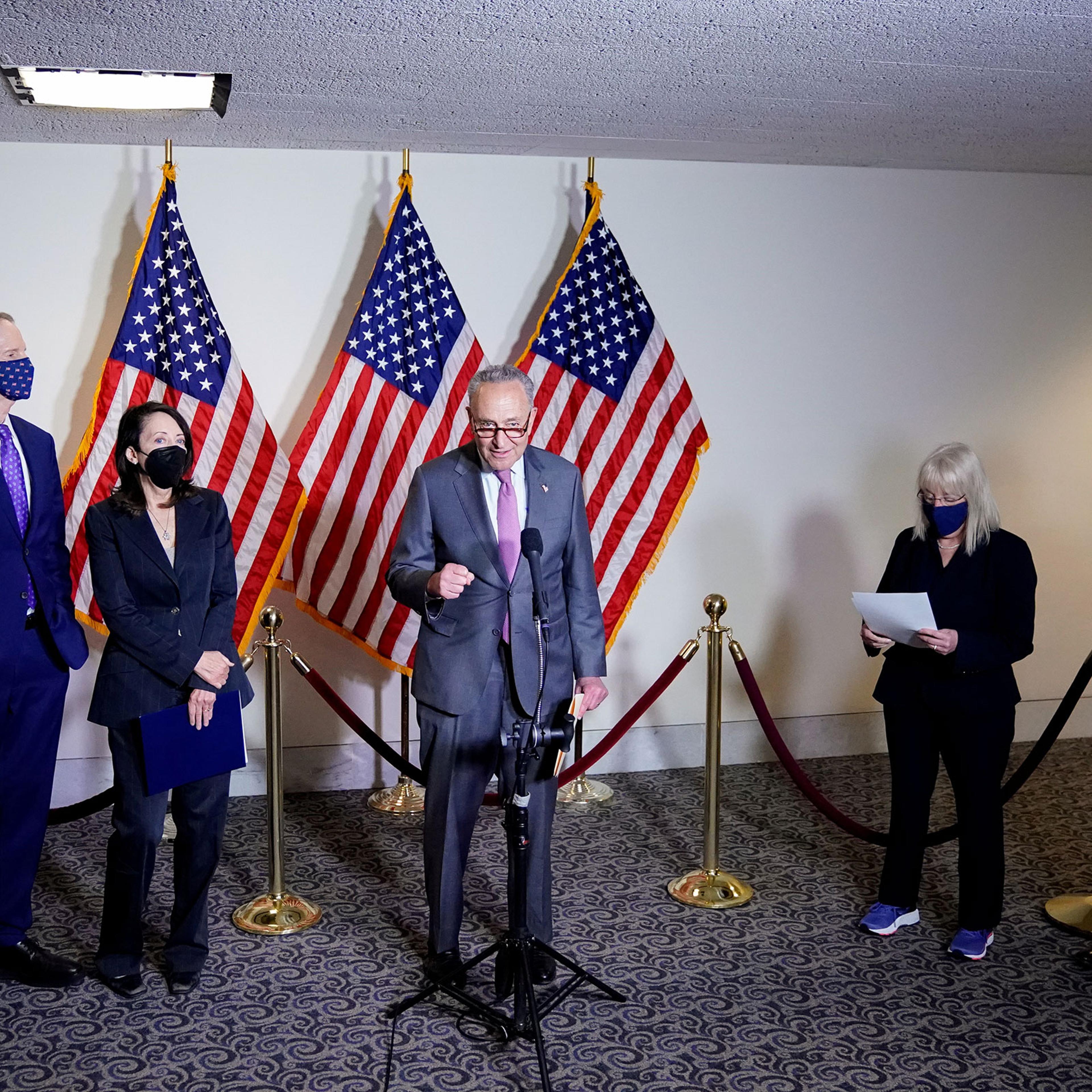 Democratic leadership holds a news conference after the first Democratic luncheon meeting since COVID-19 restrictions went into effect on Capitol Hill in Washington