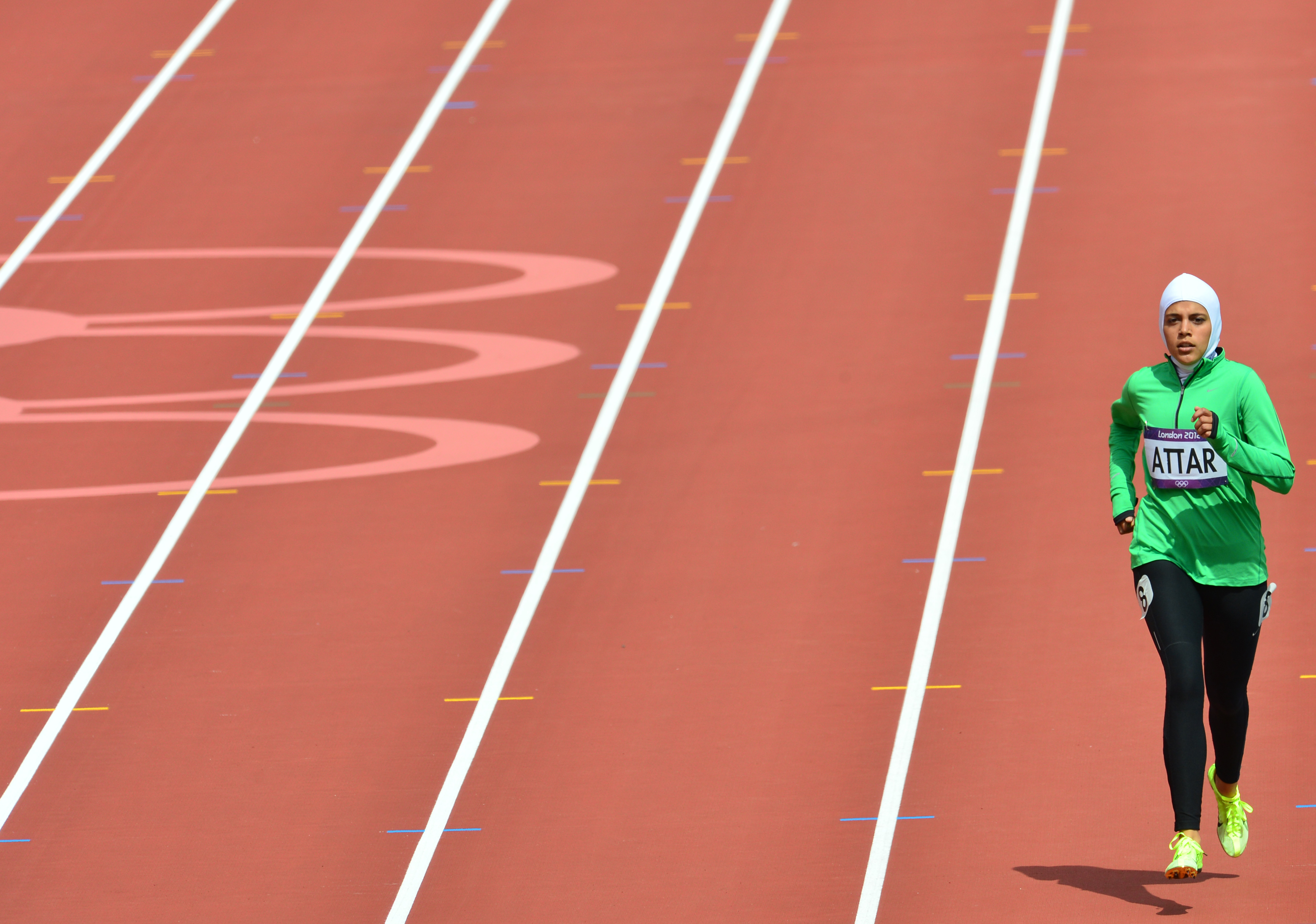 Saudi Arabia's Sarah Attar competes in the women's 800m heats at the athletics event of the London 2012 Olympic Games on Aug. 8, 2012.
