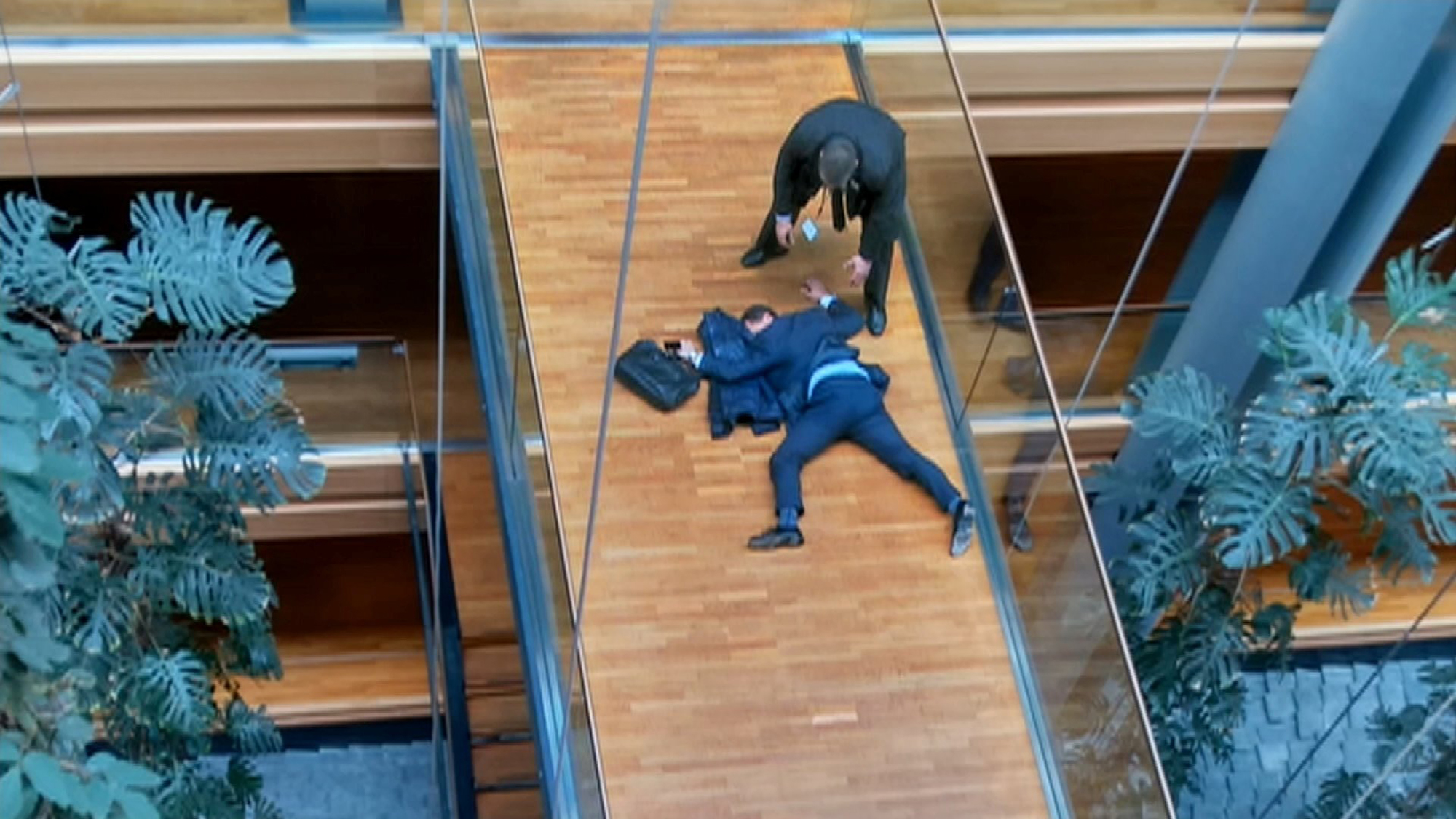 A still image taken from video shows a man, believed to be UK Independence Party (UKIP) Member of the European Parliament (MEP) Steven Woolfe, face down on a floor at the European Parliament in Strasbourg, France, October 6, 2016. REUTERS/ITV News via Re