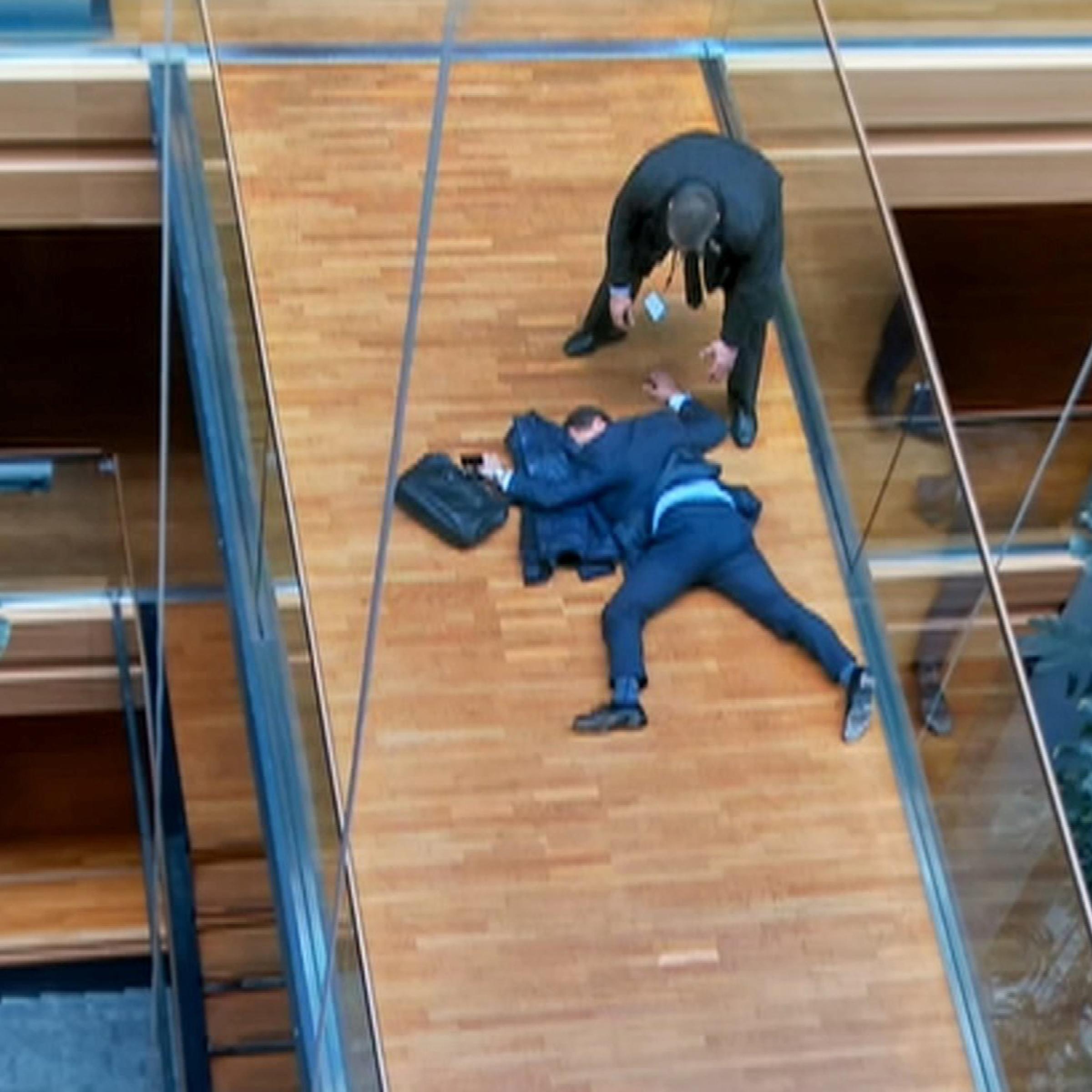 A still image taken from video shows a man, believed to be UK Independence Party (UKIP) Member of the European Parliament (MEP) Steven Woolfe, face down on a floor at the European Parliament in Strasbourg, France, October 6, 2016. REUTERS/ITV News via Re
