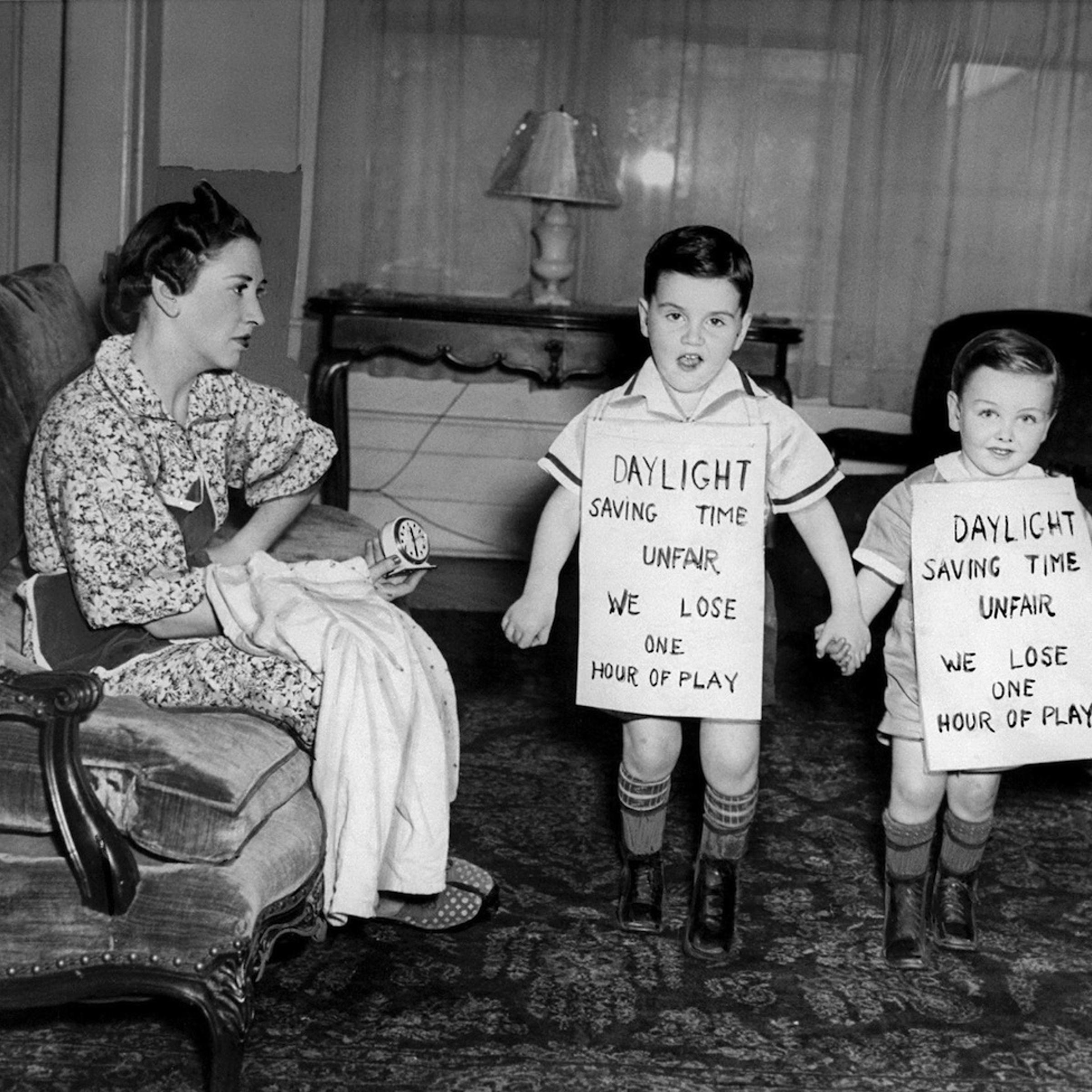 Children protest the daylight-savings time.