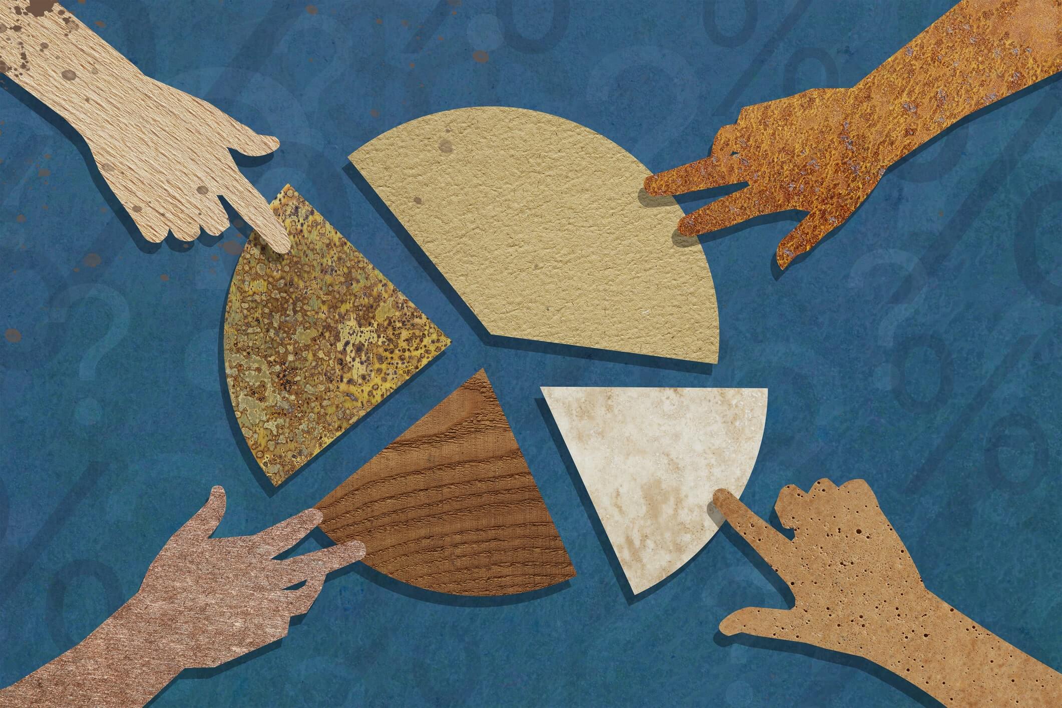 Four hands taking slices of a pie chart