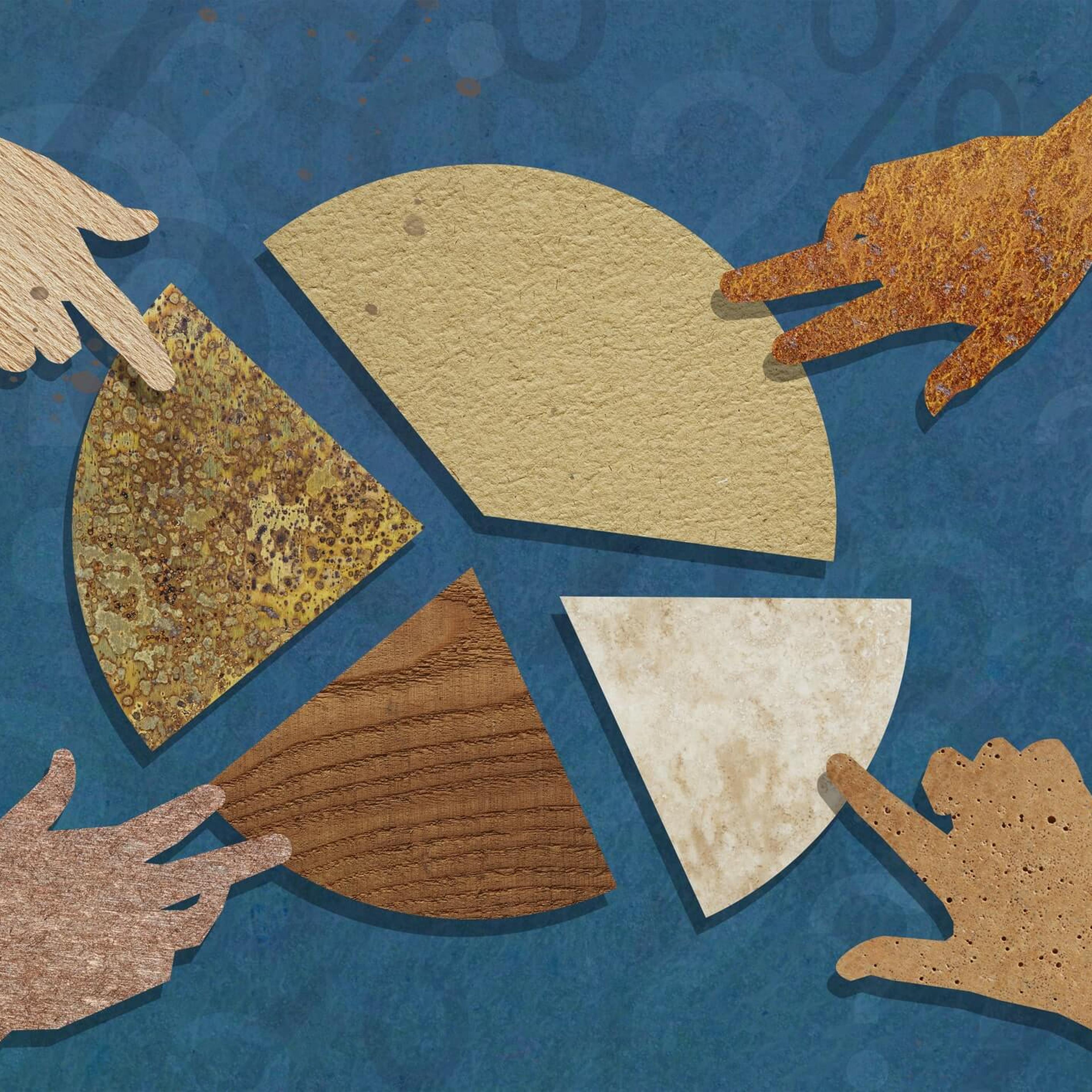 Four hands taking slices of a pie chart