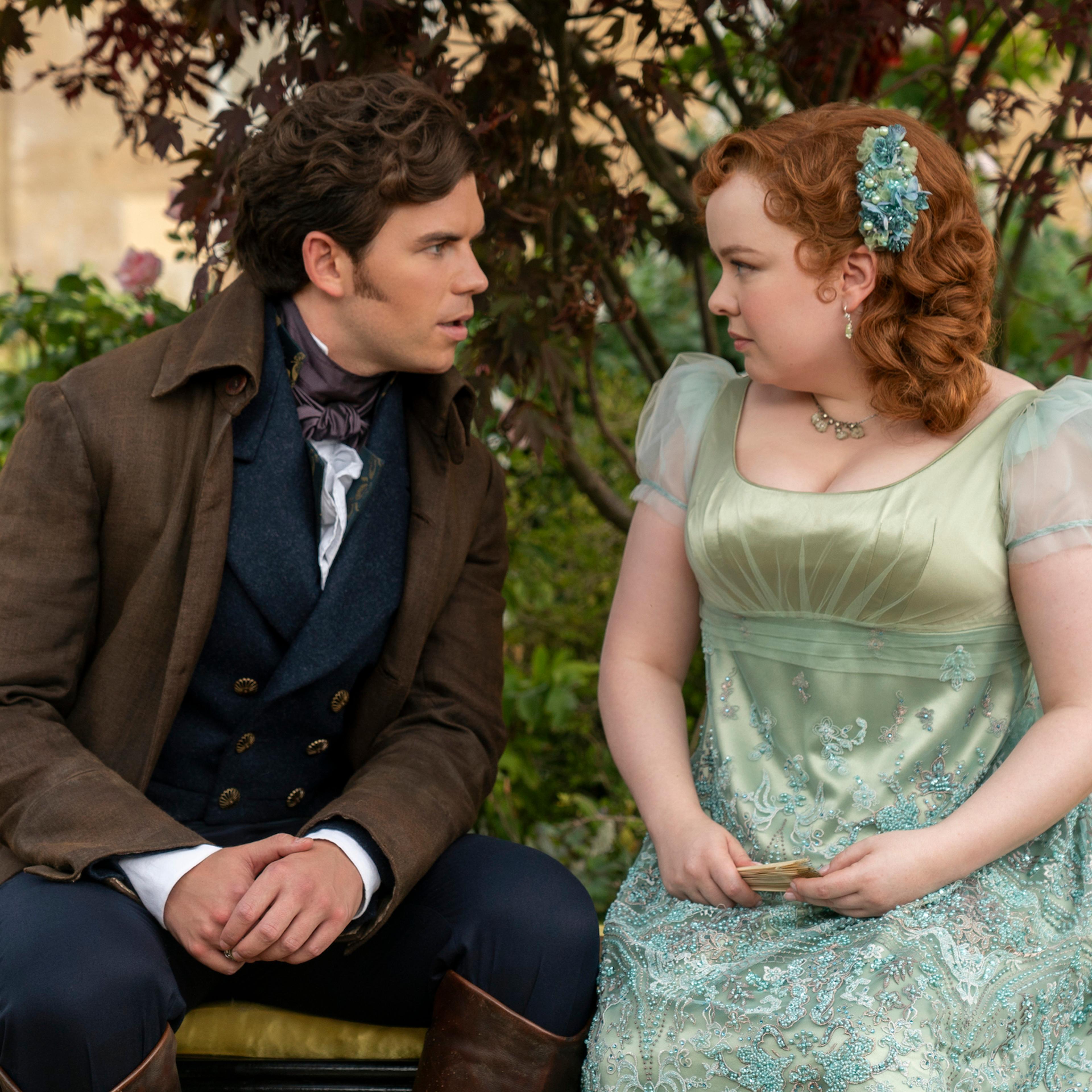 Bridgerton. (L to R) Luke Newton as Colin Bridgerton, Nicola Coughlan as Penelope Featherington in episode 301 of Bridgerton. Cr. Liam Daniel/Netflix © 2024