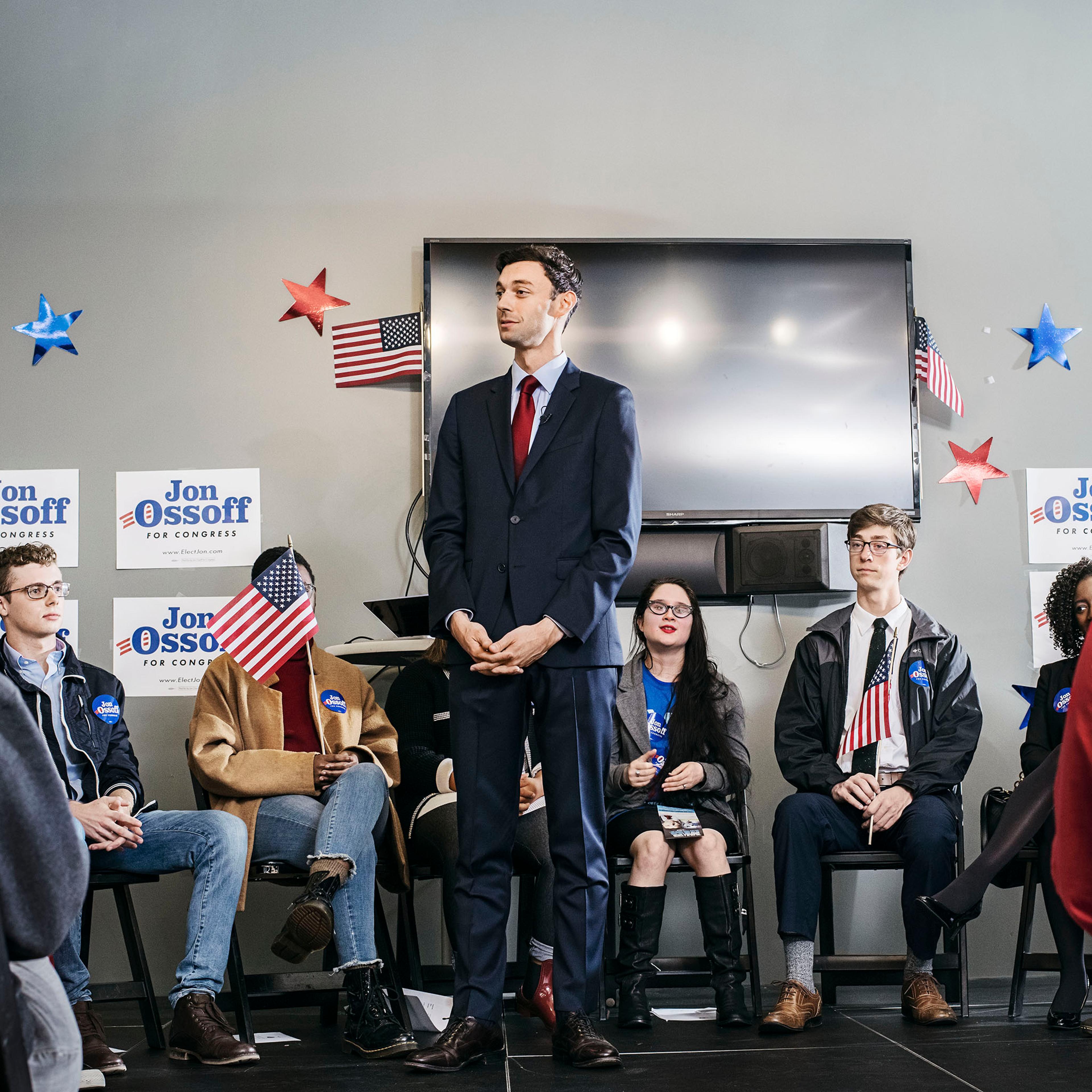 Jon Ossoff speaks to a group of college Democrats at Oglethorpe University in Atlanta on April 5, 2017.