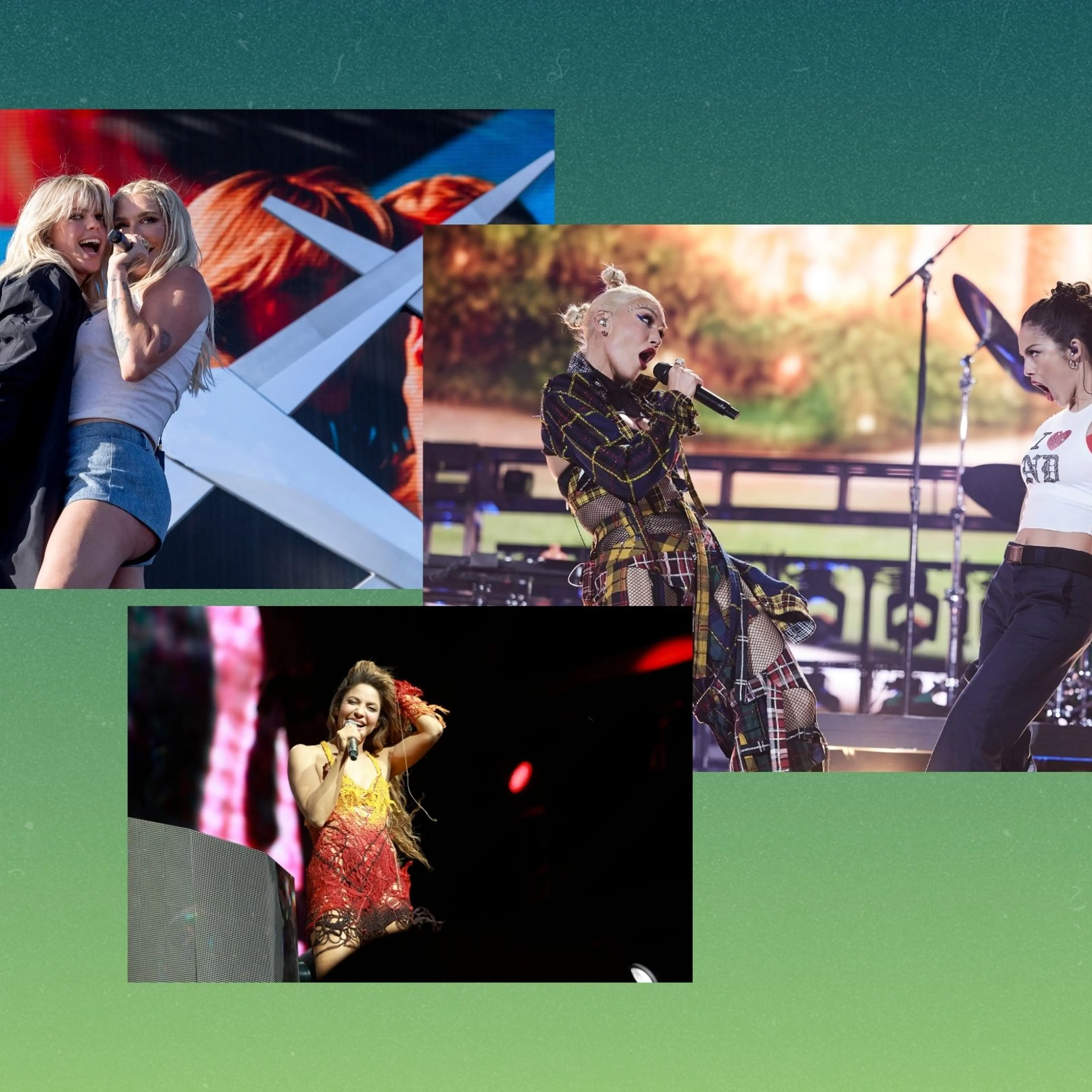 Kesha with Renée Rapp; Olivia Rodrigo with Gwen Stefani; and Shakira, performing at Coachella