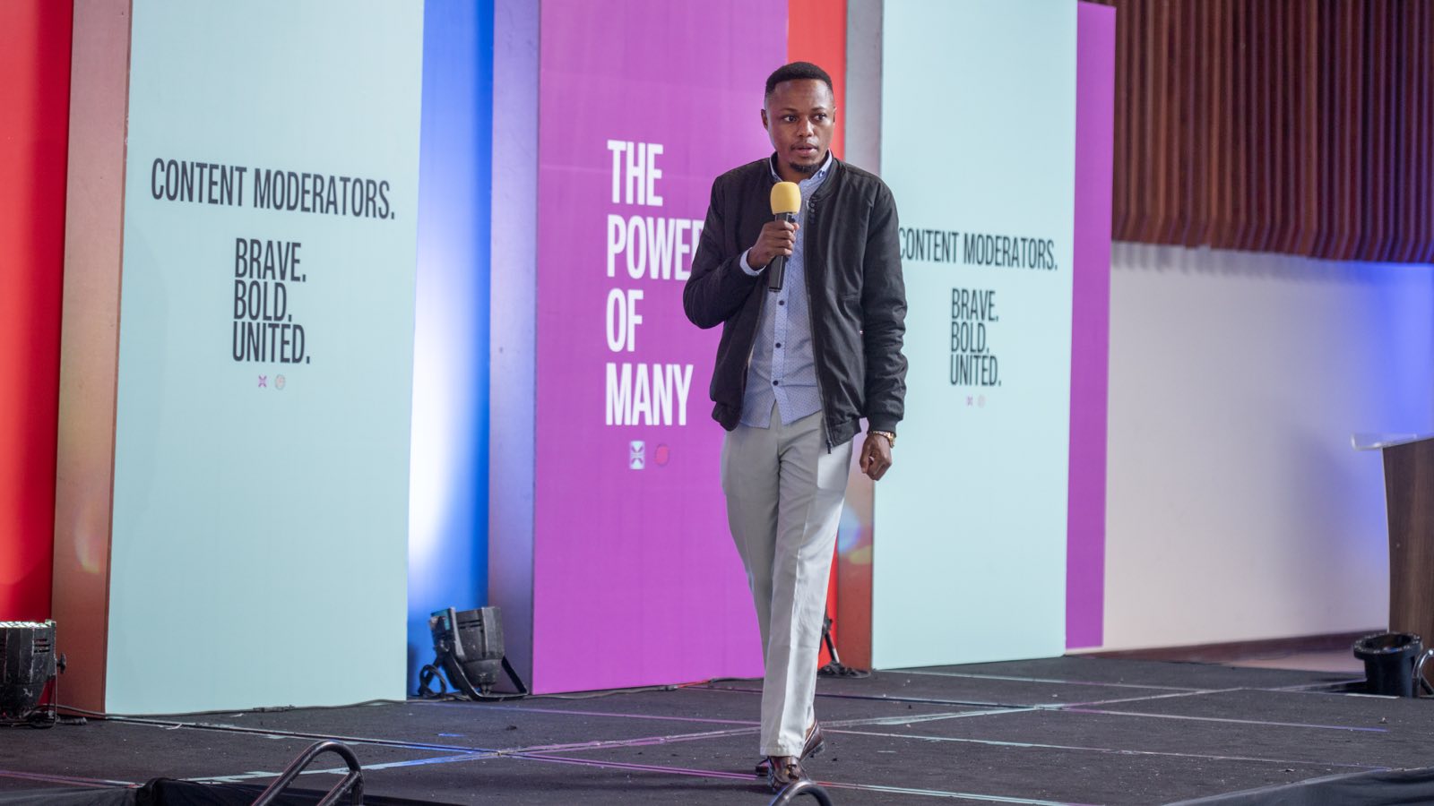 Daniel Motaung, a former Facebook content moderator who in 2019 was fired by the outsourcing company Sama during an attempt to register a union, speaks on stage to 150 workers in Nairobi on May 1, 2023, shortly before they voted to establish the Content Moderators Union.