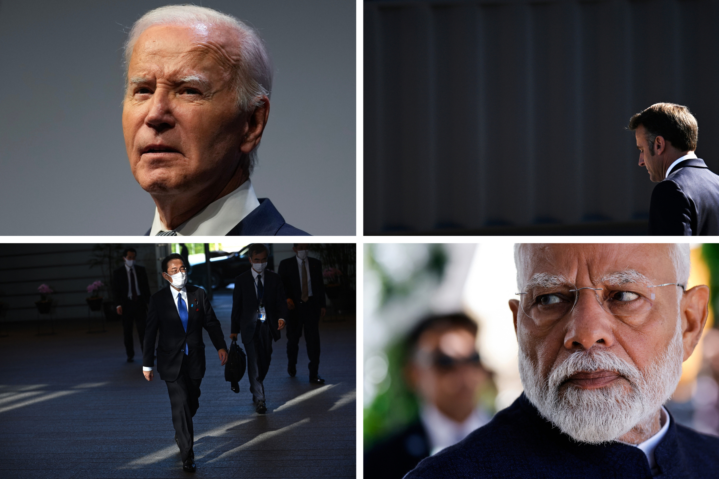 From top left, clockwise: U.S. President Joe Biden; French President Emmanuel Macron; Japan's Prime Minister Fumio Kishida; Indian Prime Minister Narendra Modi.