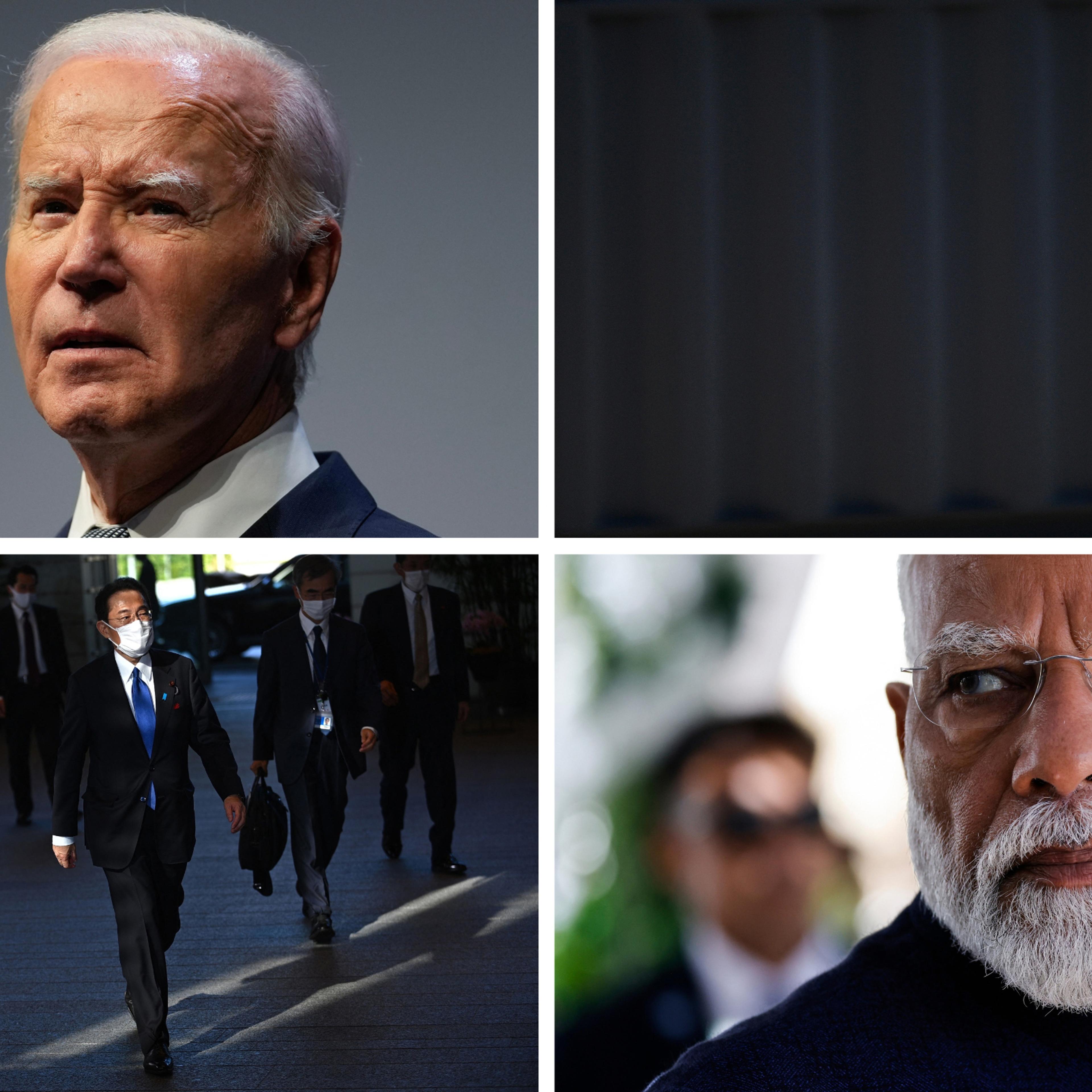 From top left, clockwise: U.S. President Joe Biden; French President Emmanuel Macron; Japan's Prime Minister Fumio Kishida; Indian Prime Minister Narendra Modi.