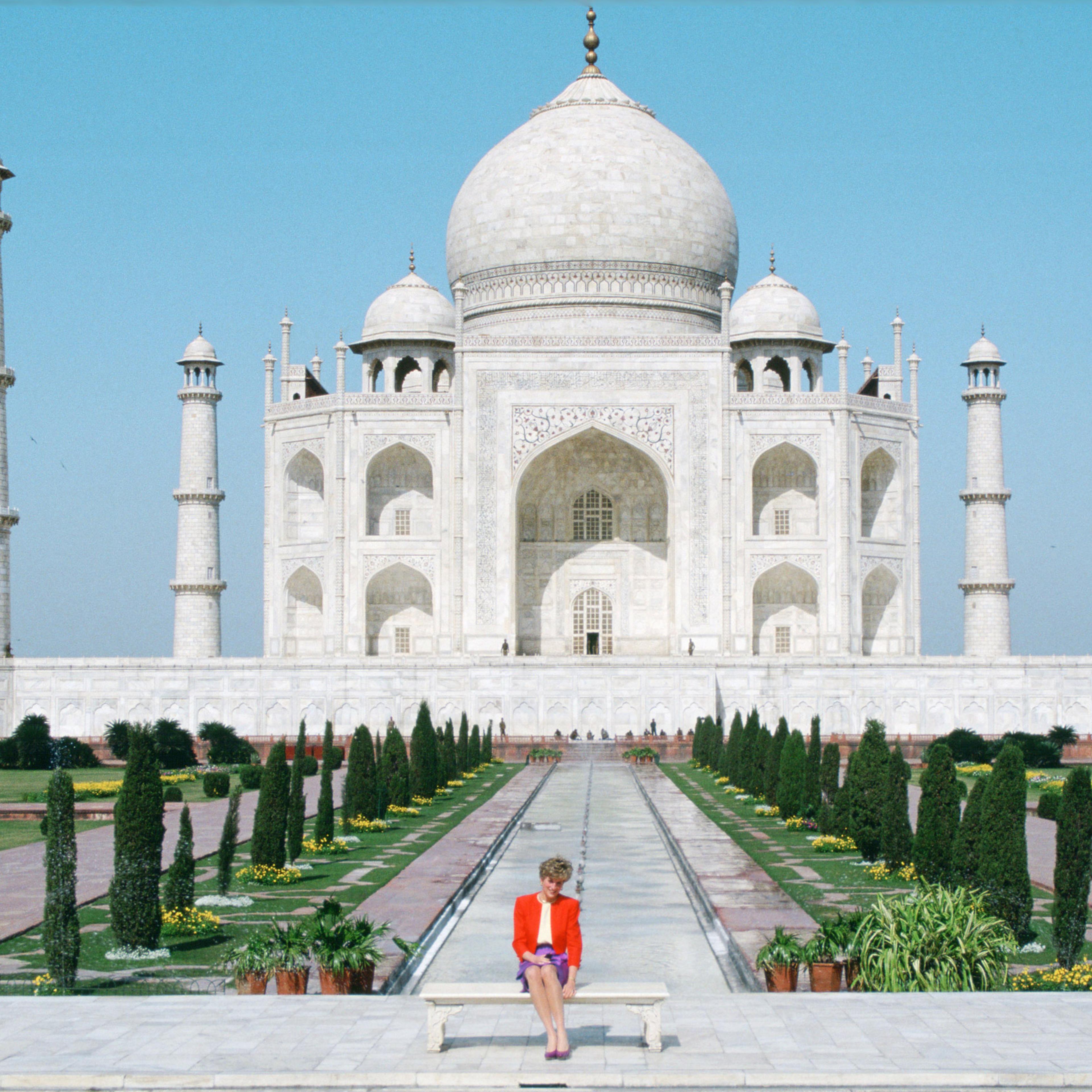 Diana Princess of Wales sits in front of the Taj Mahal during a visit to India, Feb. 11, 1992.
