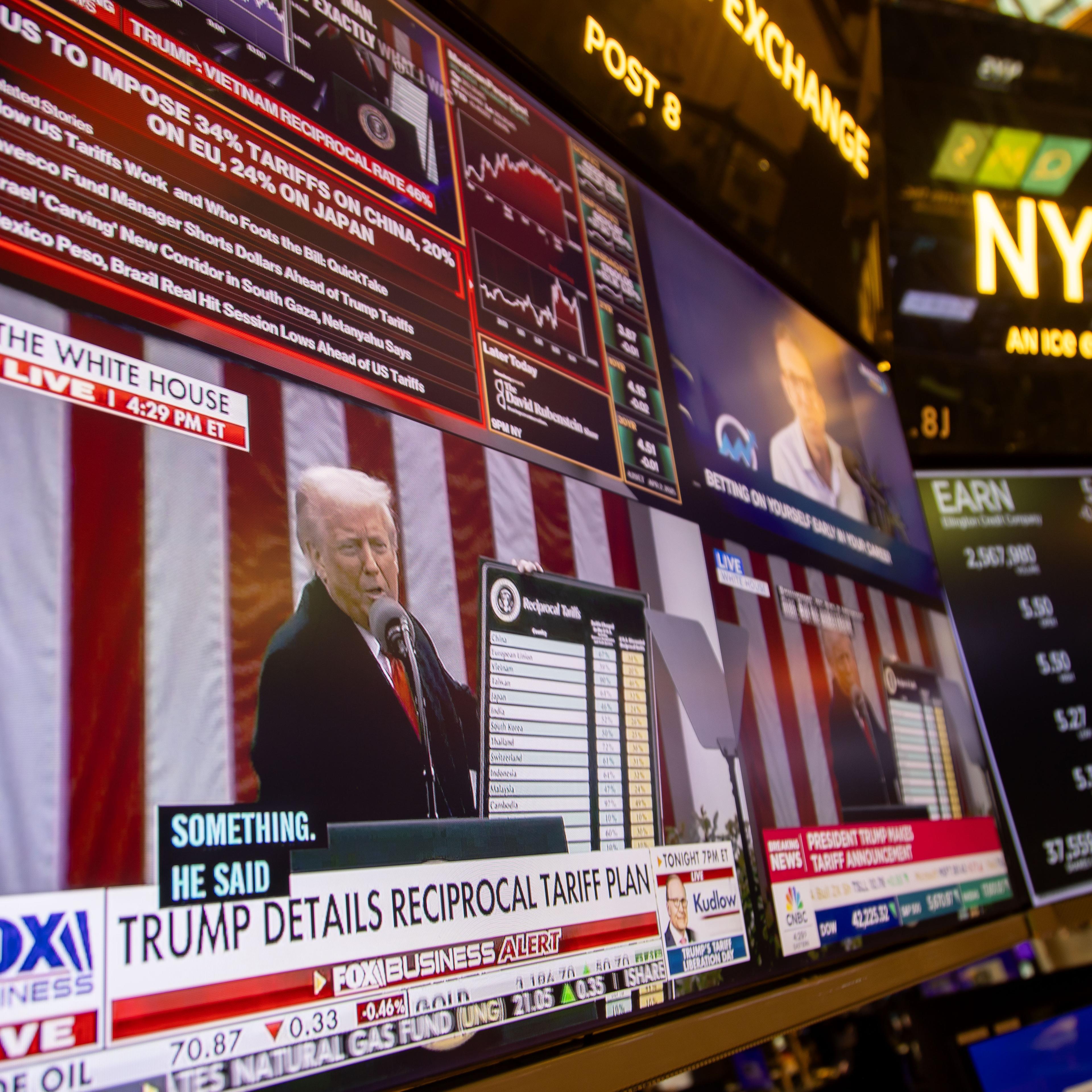Traders On The Floor Of The NYSE As Trump Announces New Tariffs