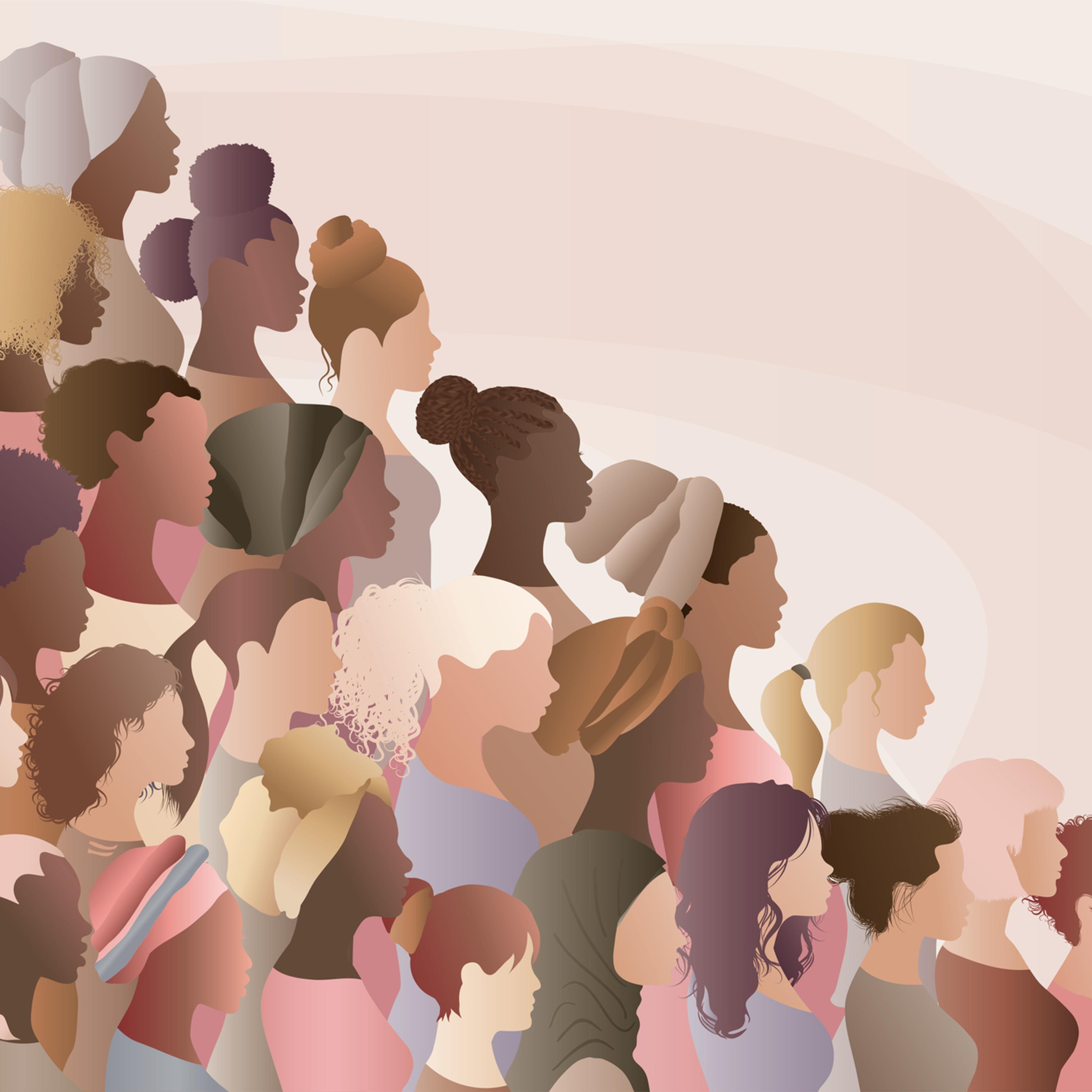 Multicultural women and girls. Portrait front and profile view silhouette. Women's day. Female social community of diverse culture. Equality. Colleagues. Empowerment or inclusion. Banner
