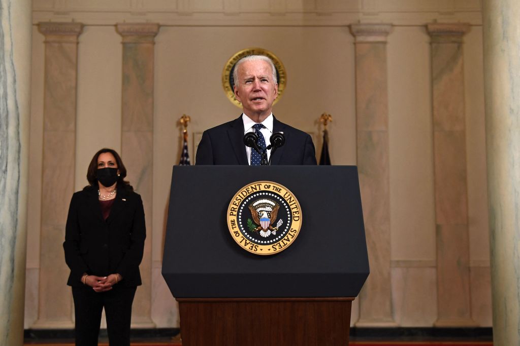 Vice President Kamala Harris listens as US President Joe Biden delivers remarks on the guilty verdict against former policeman Derek Chauvin at the White House in Washington, DC, on April 20, 2021.