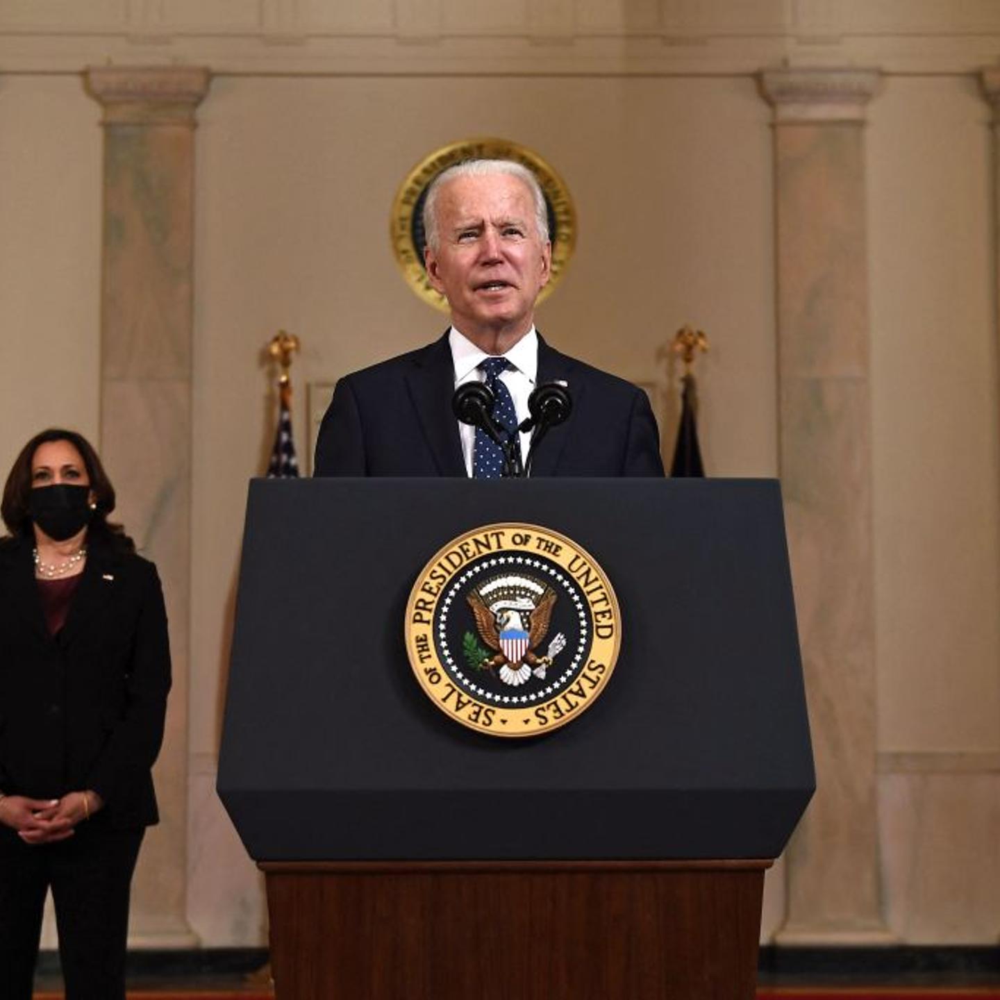 Vice President Kamala Harris listens as US President Joe Biden delivers remarks on the guilty verdict against former policeman Derek Chauvin at the White House in Washington, DC, on April 20, 2021.