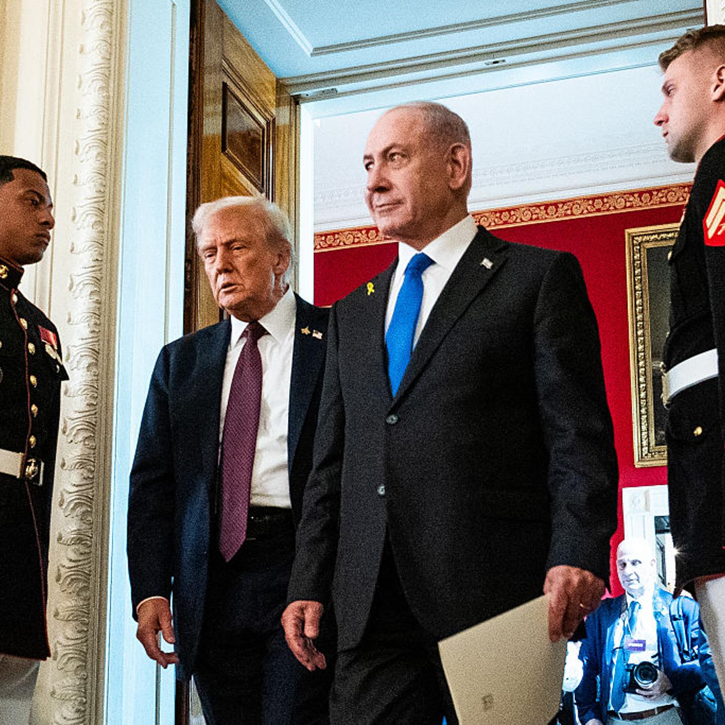 U.S. President Donald Trump and Israeli Prime Minister Benjamin Netanyahu enter for a press conference in the State Dining Room of the White House in Washington, D.C., on September 29, 2025.