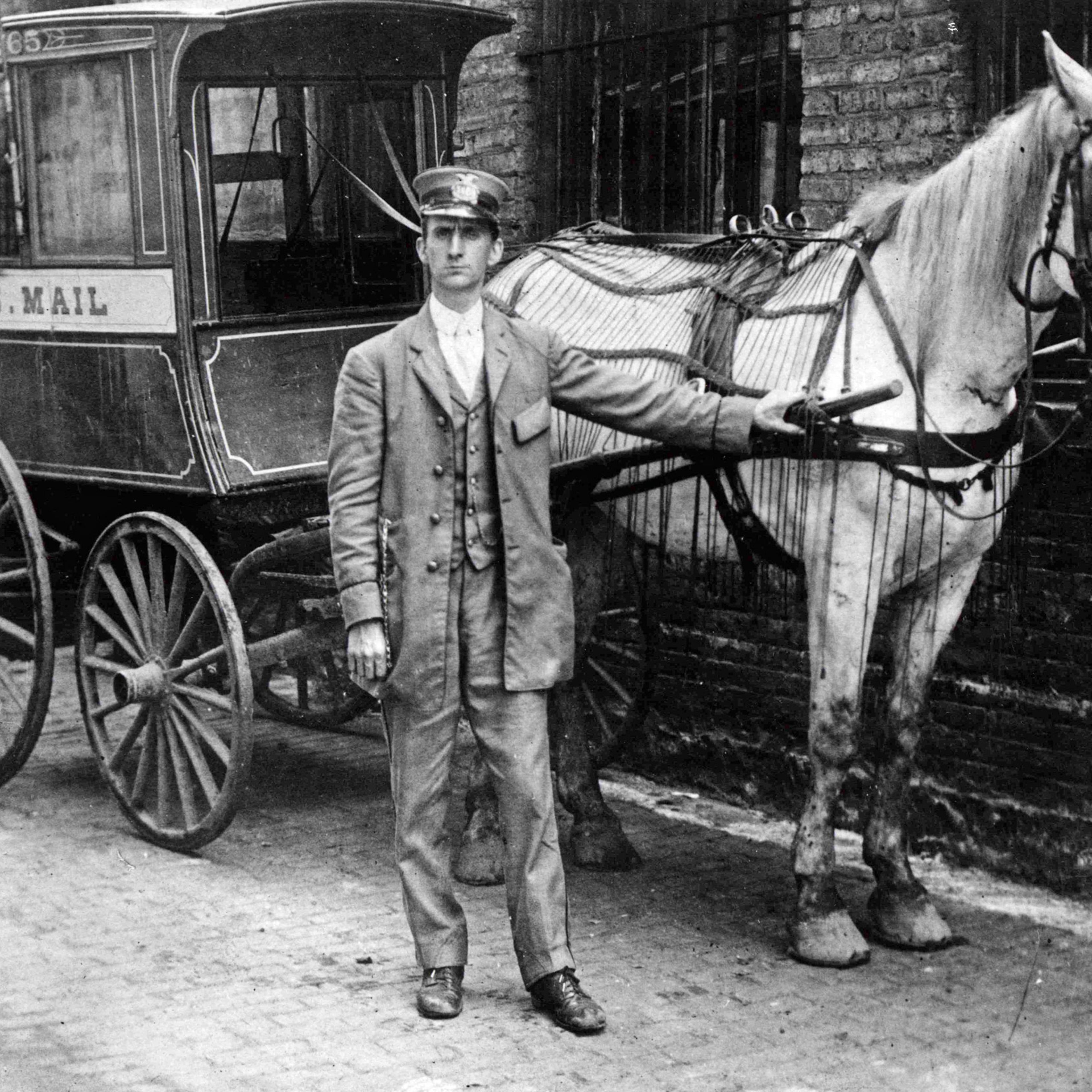 City collection mail wagon manufactured by Studebaker Brothers. The wagon was used to collect mail from sidewalk mailboxes in Chicago, Illinois. 1890.