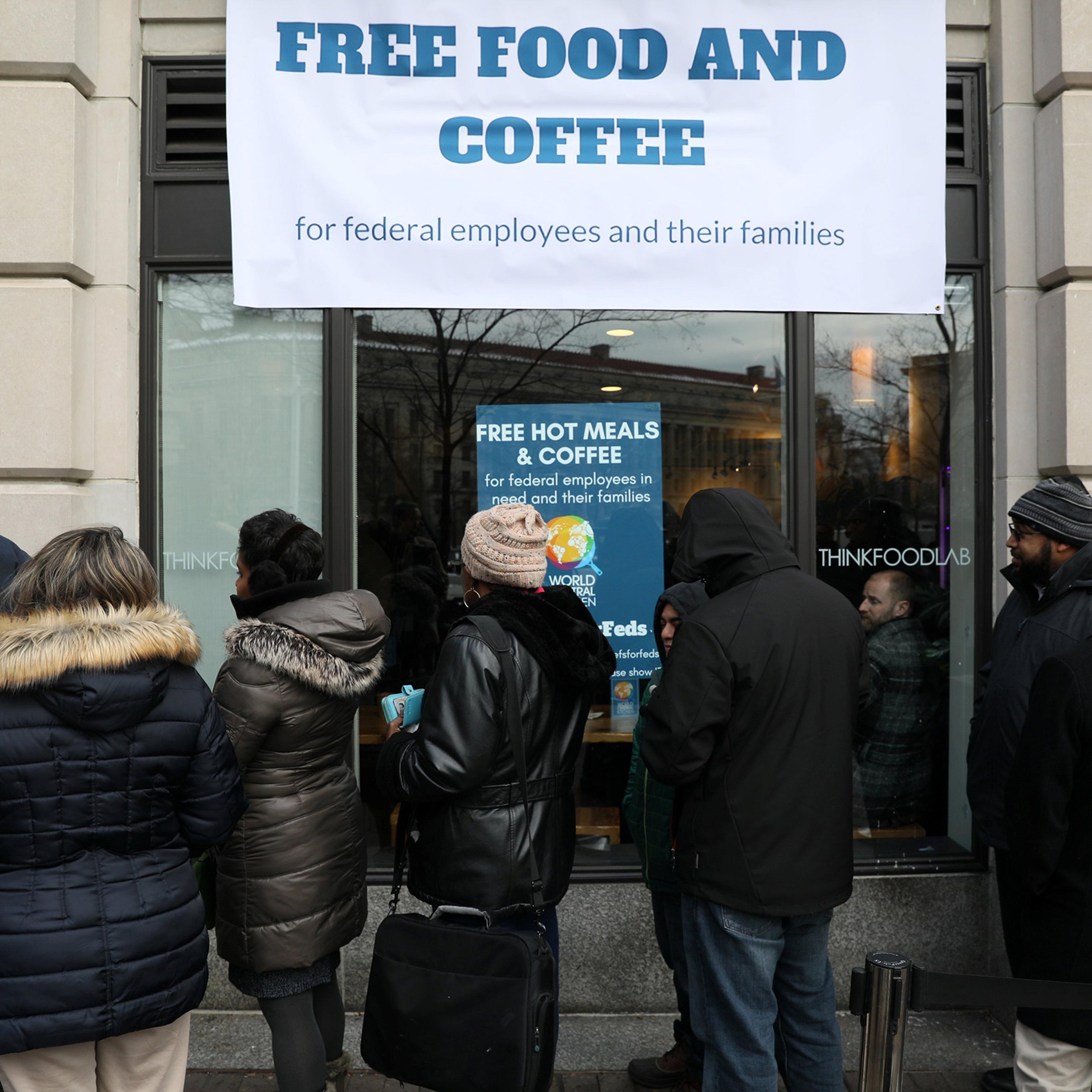 Federal workers wait in line in Washington on Jan. 16