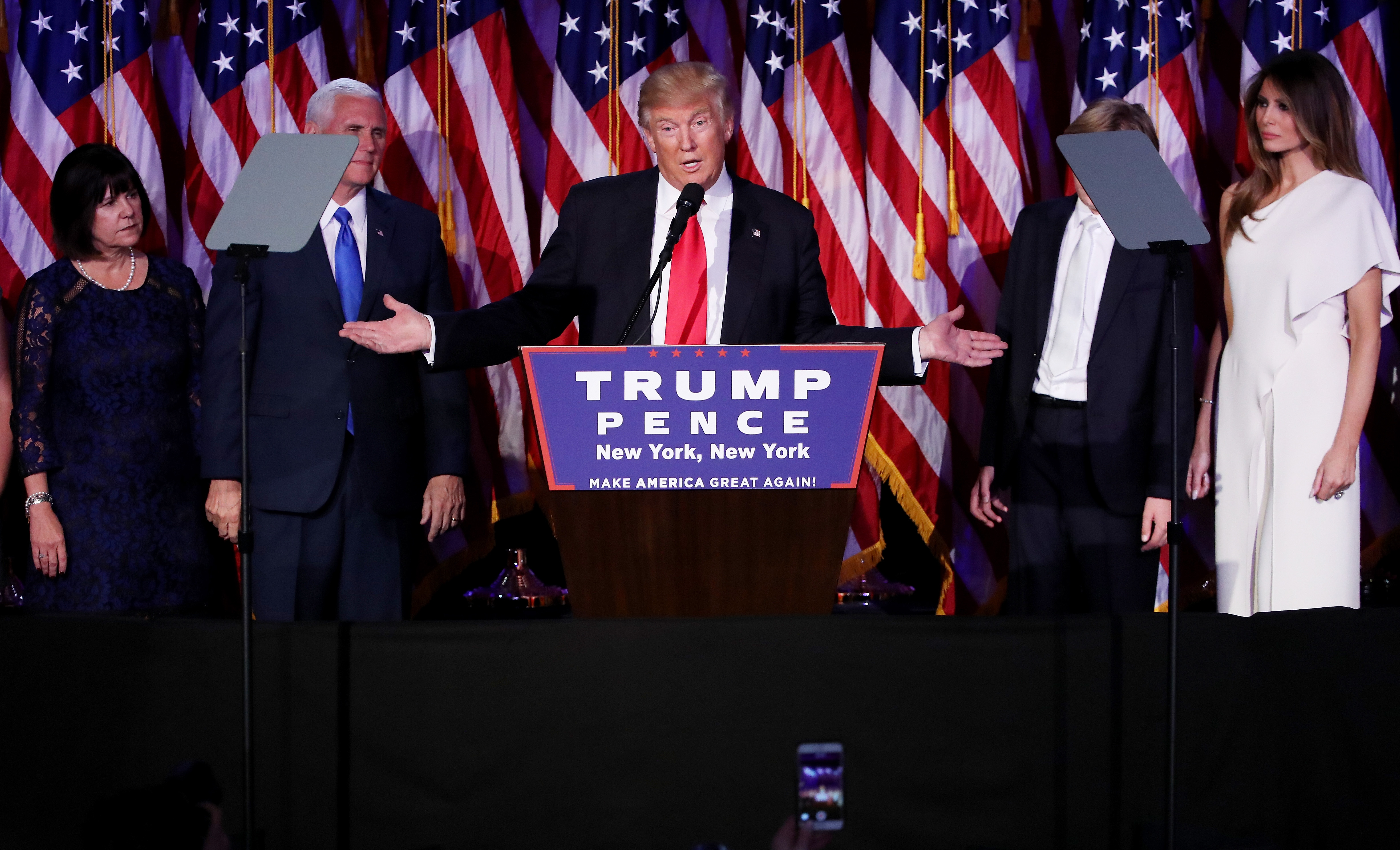 Republican president-elect Donald Trump delivers his acceptance speech during his election night event at the New York Hilton Midtown in the early morning hours of Nov. 9, 2016.
