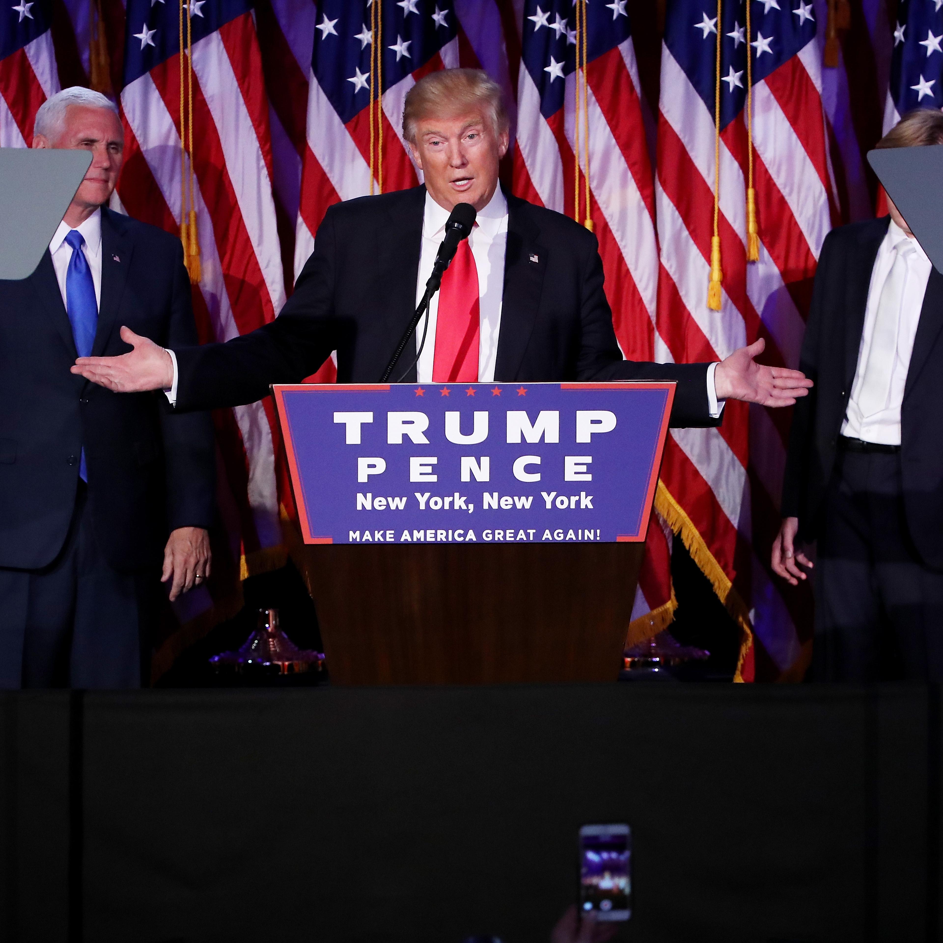 Republican president-elect Donald Trump delivers his acceptance speech during his election night event at the New York Hilton Midtown in the early morning hours of Nov. 9, 2016.