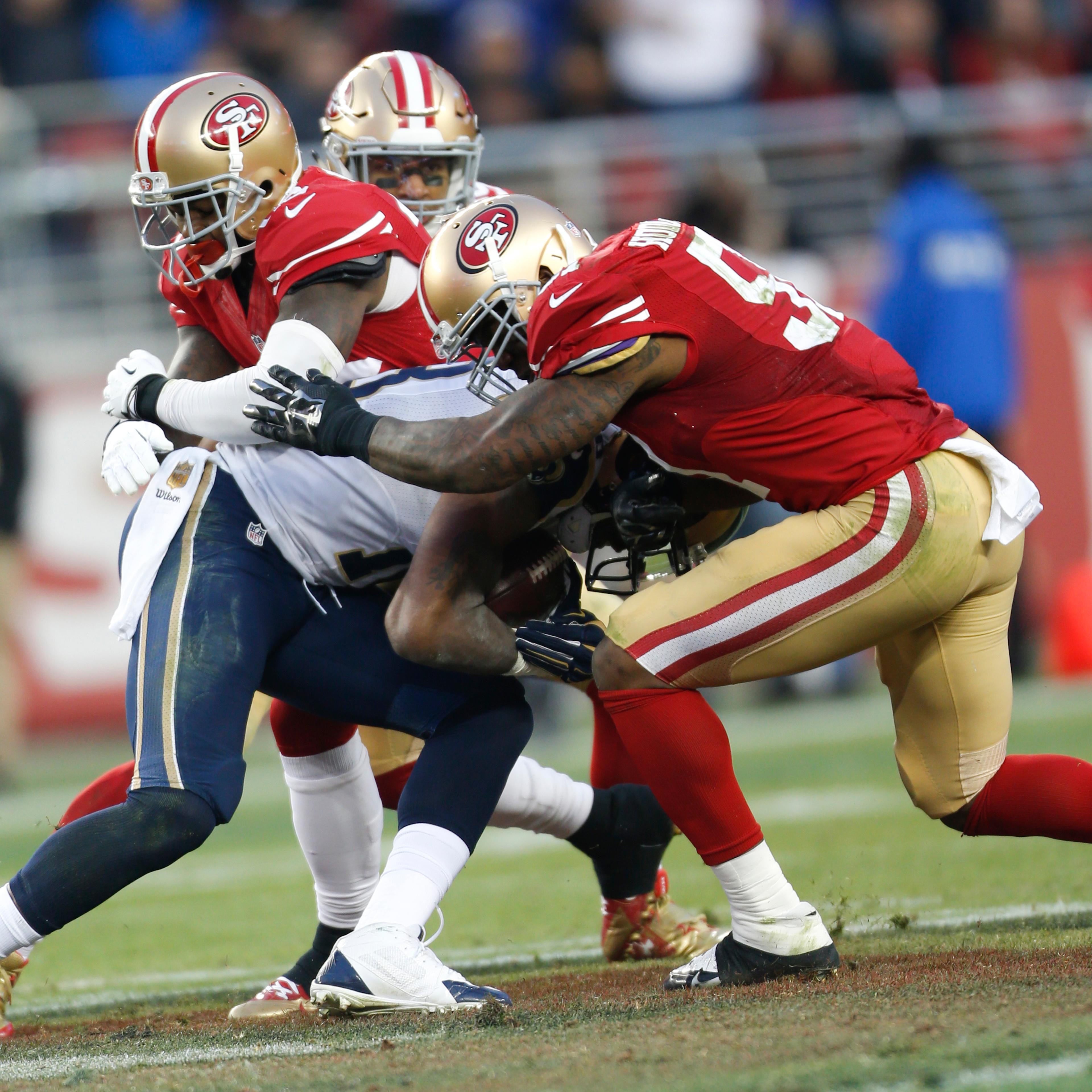 Gerald Hodges, #51 of the San Francisco 49ers, makes a tackle during the game against the St. Louis Rams at Levi Stadium in Santa Clara, Calif., Jan. 3, 2016.