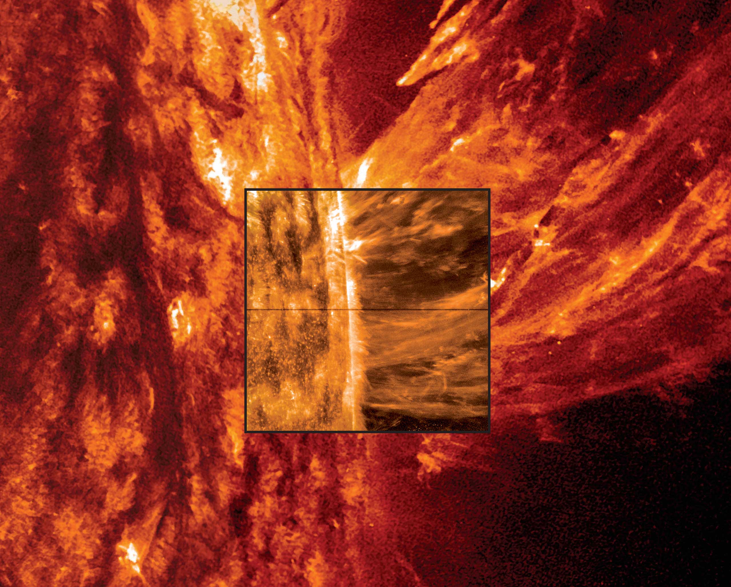 NASA’s Solar Dynamics Observatory provided the outer image of a coronal mass ejection on the surface of the sun on May 9, 2014.