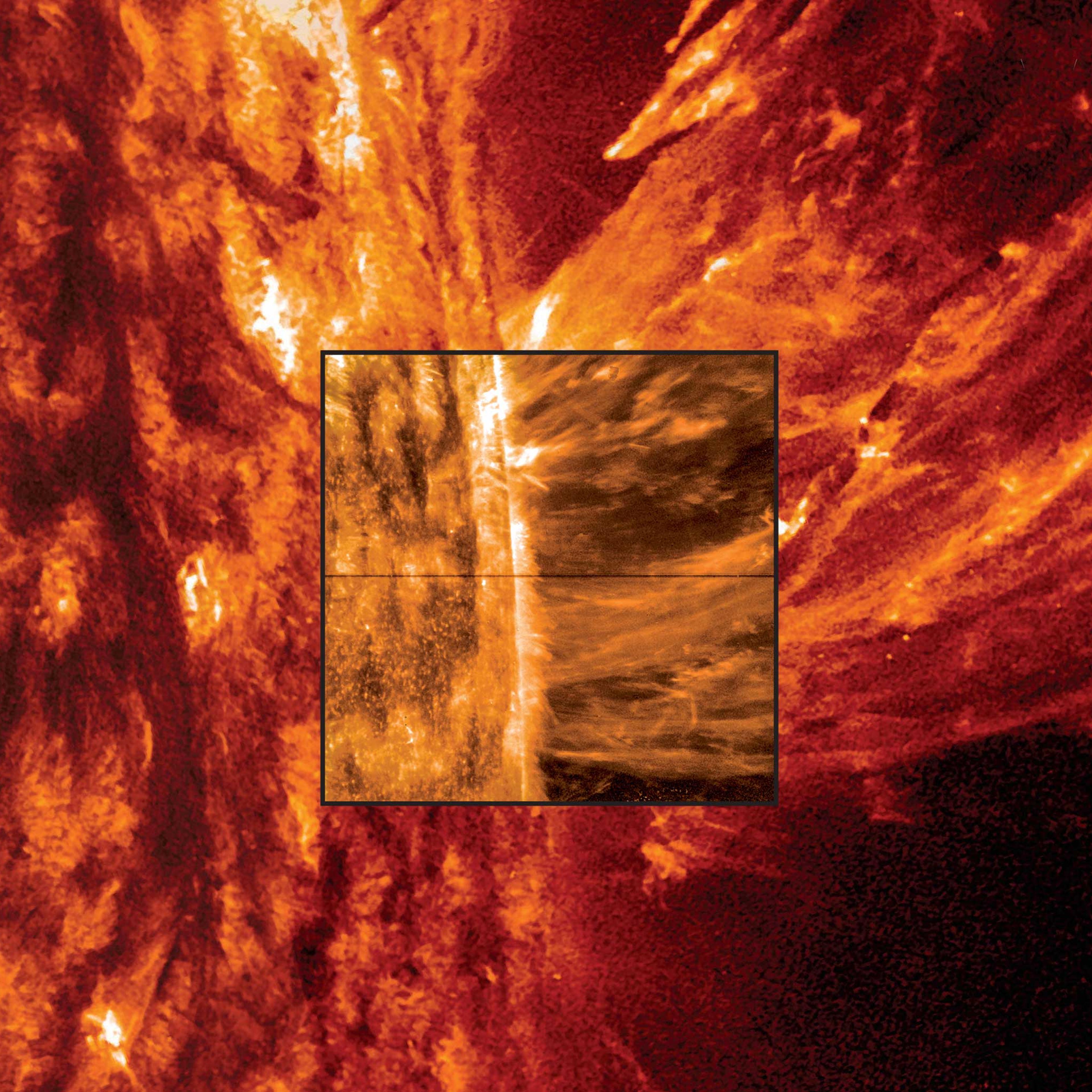 NASA’s Solar Dynamics Observatory provided the outer image of a coronal mass ejection on the surface of the sun on May 9, 2014.