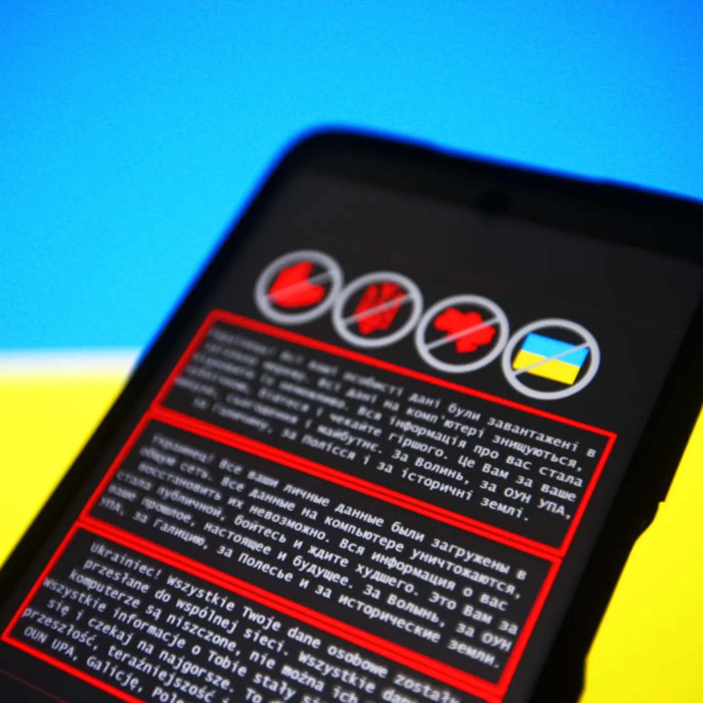 In this photo illustration, a warning message in Ukrainian,
