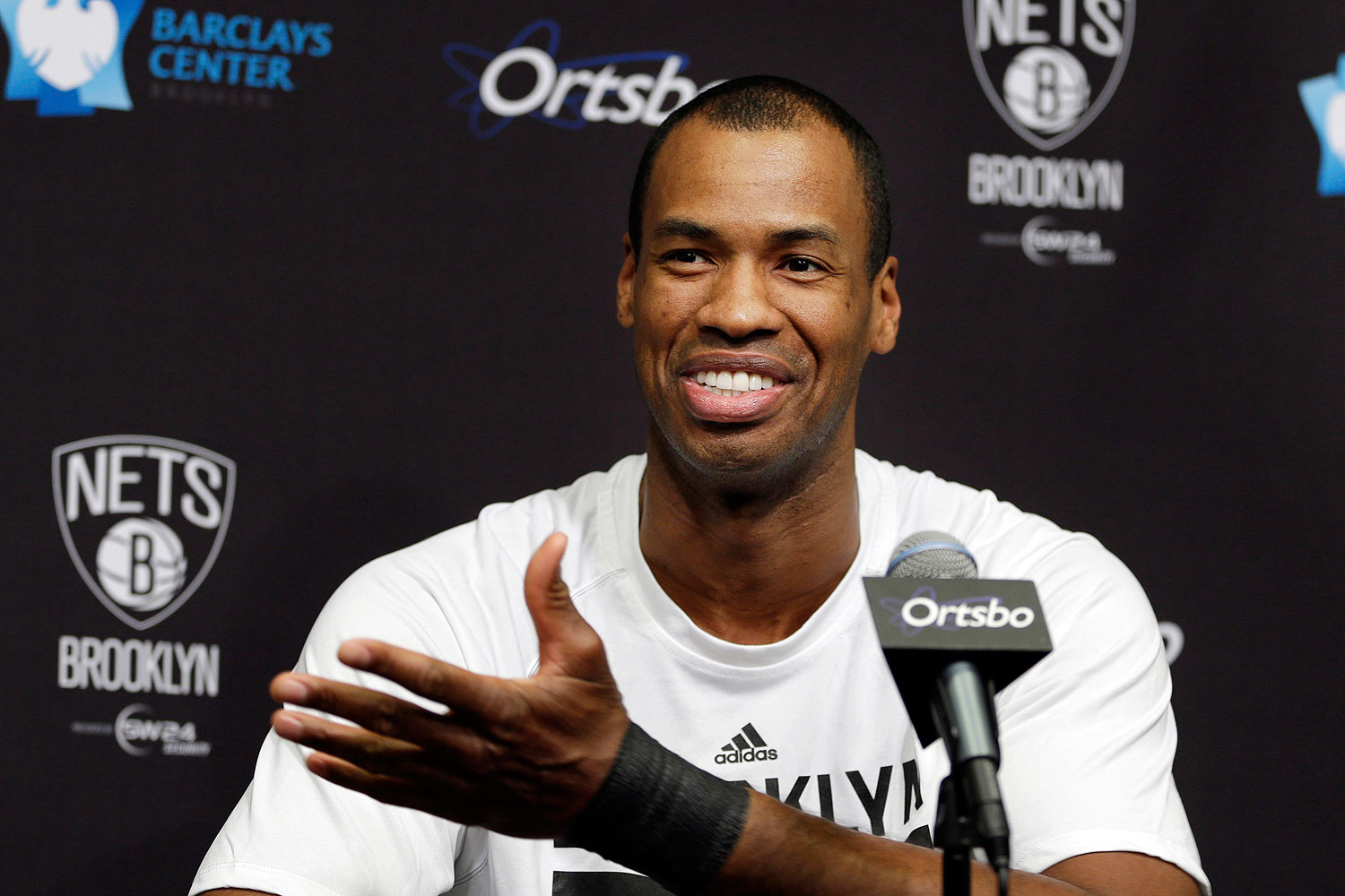 Brooklyn Nets Jason Collins speaks during a news conference before an NBA basketball game against the Chicago Bulls at the Barclays Center, Monday, Mar. 3, 2014, in New York