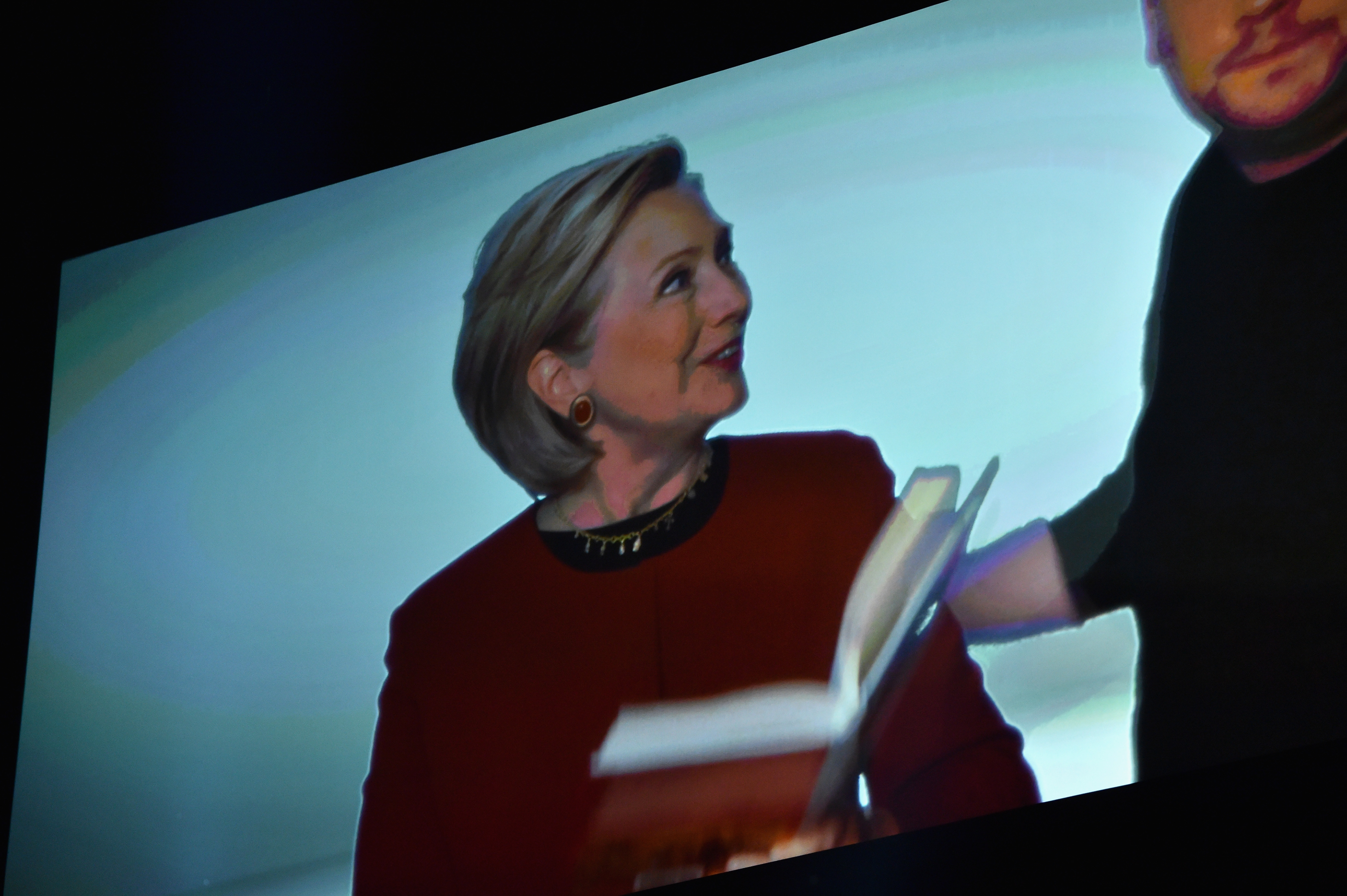 Former Secretary of State Hillary Clinton appears onscreen during the 60th Annual GRAMMY Awards at Madison Square Garden on January 28, 2018 in New York City.