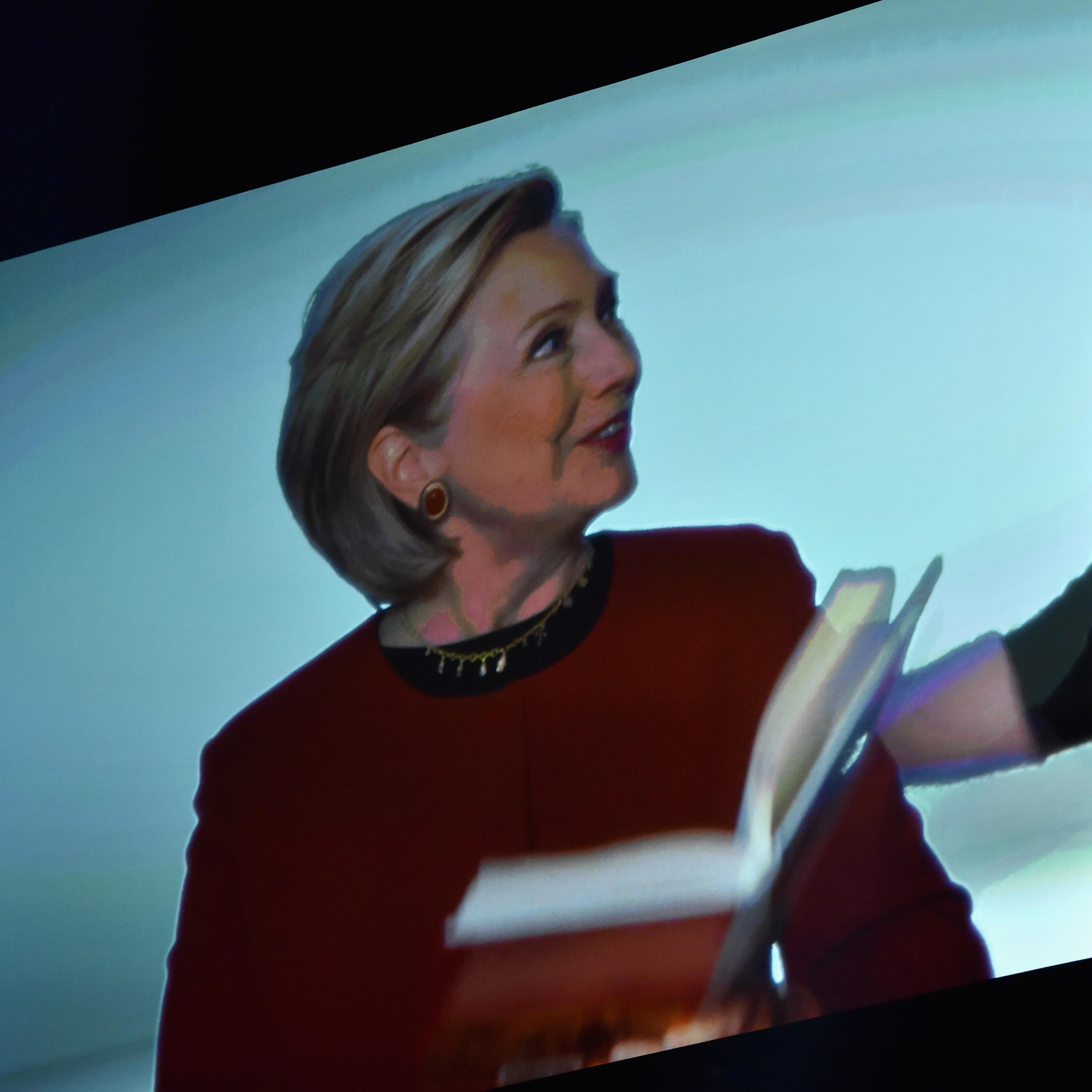 Former Secretary of State Hillary Clinton appears onscreen during the 60th Annual GRAMMY Awards at Madison Square Garden on January 28, 2018 in New York City.