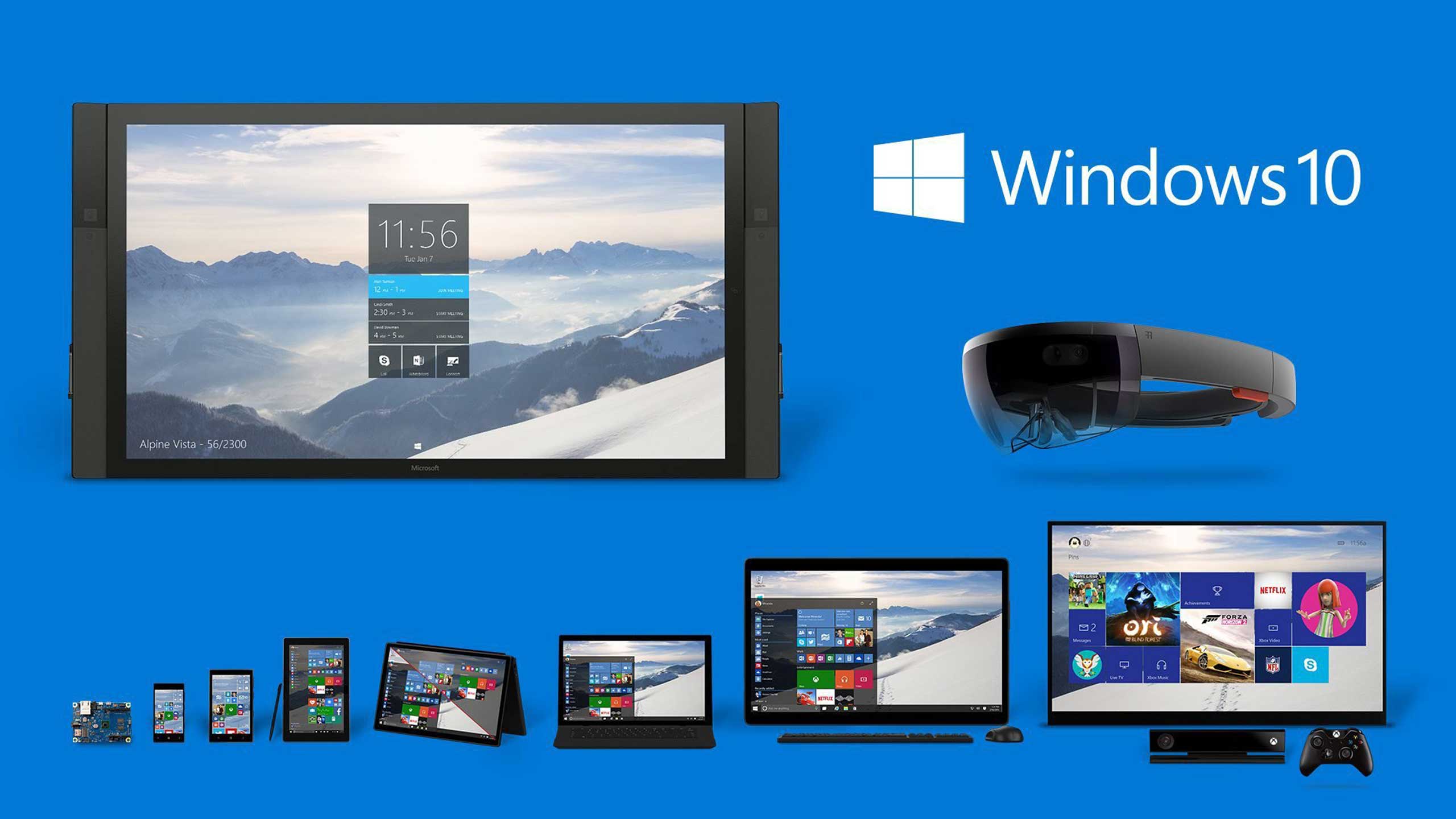 Microsoft showing Windows 10 devices including PCs, tablets, 2-in-1s, phones, Xbox and two newly-introduced items, the Surface Hub (top L) and the Microsoft HoloLens (top R) during a press conference in Redmond, Wash.,Jan. 21, 2015.