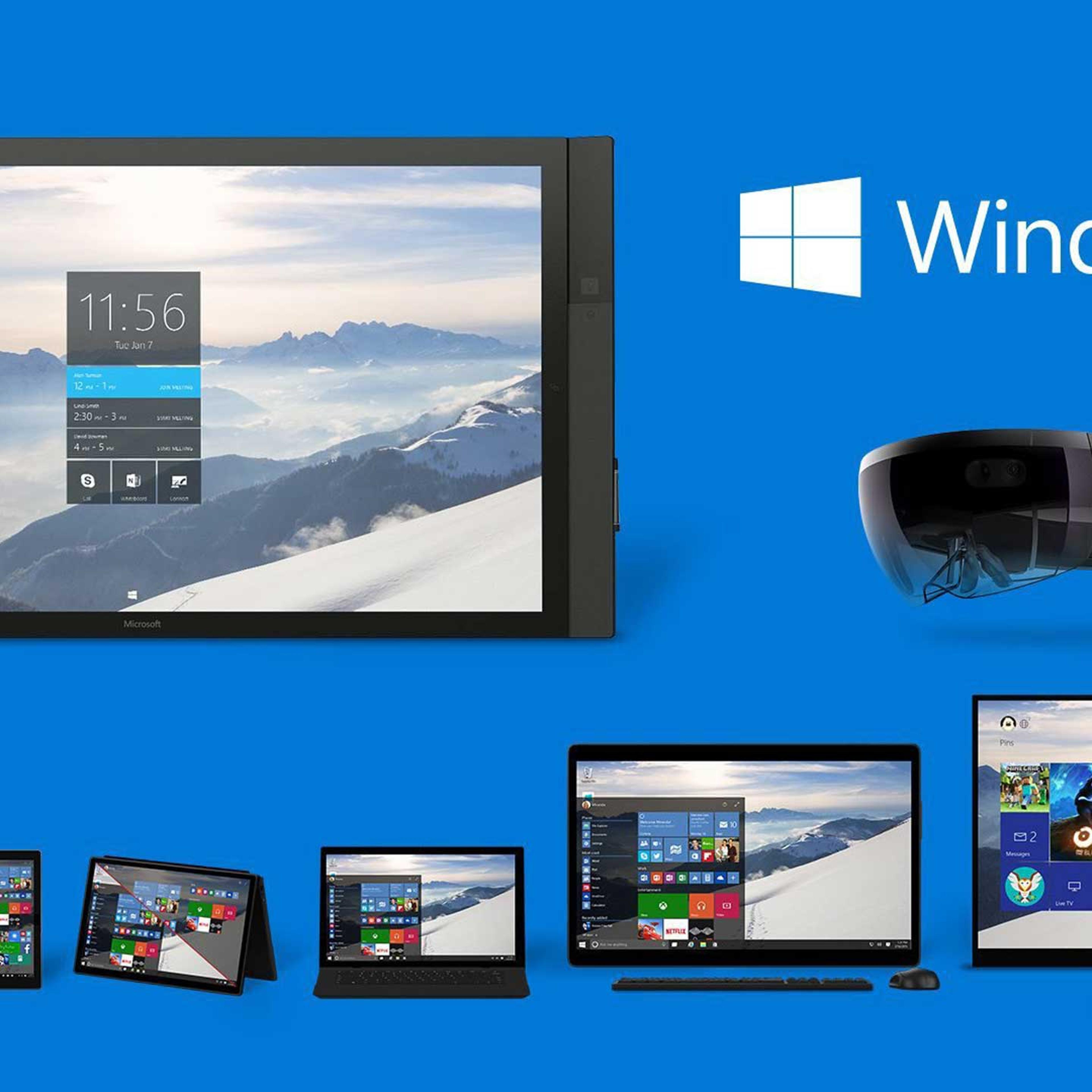 Microsoft showing Windows 10 devices including PCs, tablets, 2-in-1s, phones, Xbox and two newly-introduced items, the Surface Hub (top L) and the Microsoft HoloLens (top R) during a press conference in Redmond, Wash.,Jan. 21, 2015.