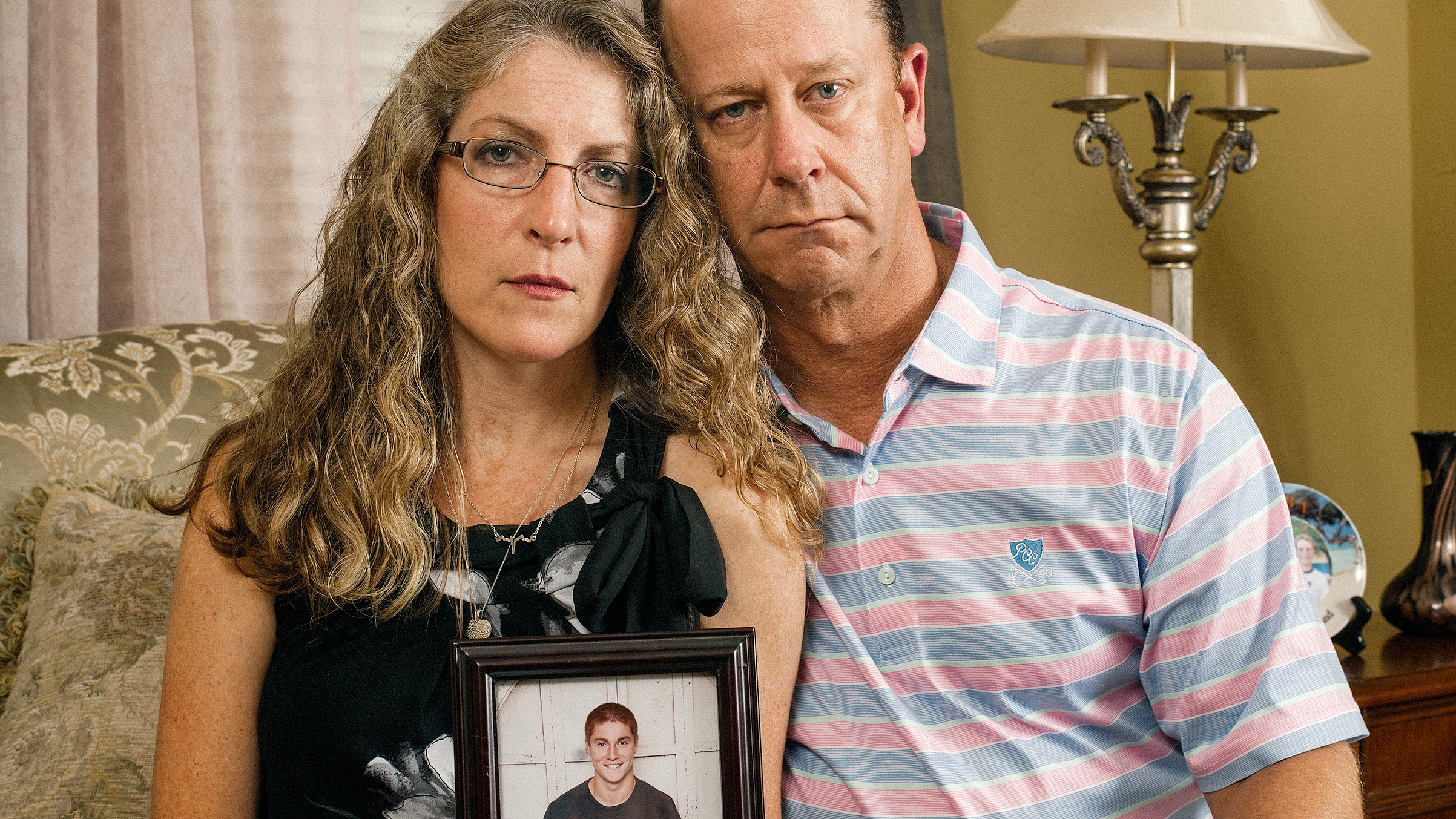 Evelyn and Jim Piazza with a photo of their son Tim, who died in February after a fraternity hazing ritual at Penn State University