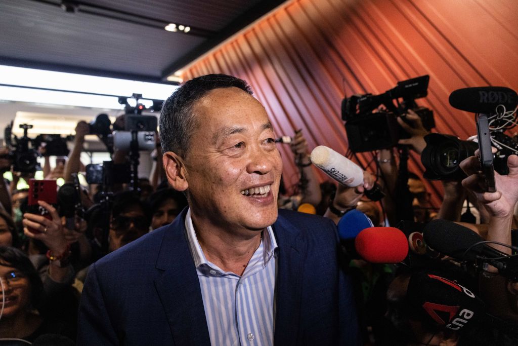 Srettha Thavisin speaks to media as he arrives at Pheu Thai Party's headquarters on August 22, 2023 in Bangkok, Thailand.