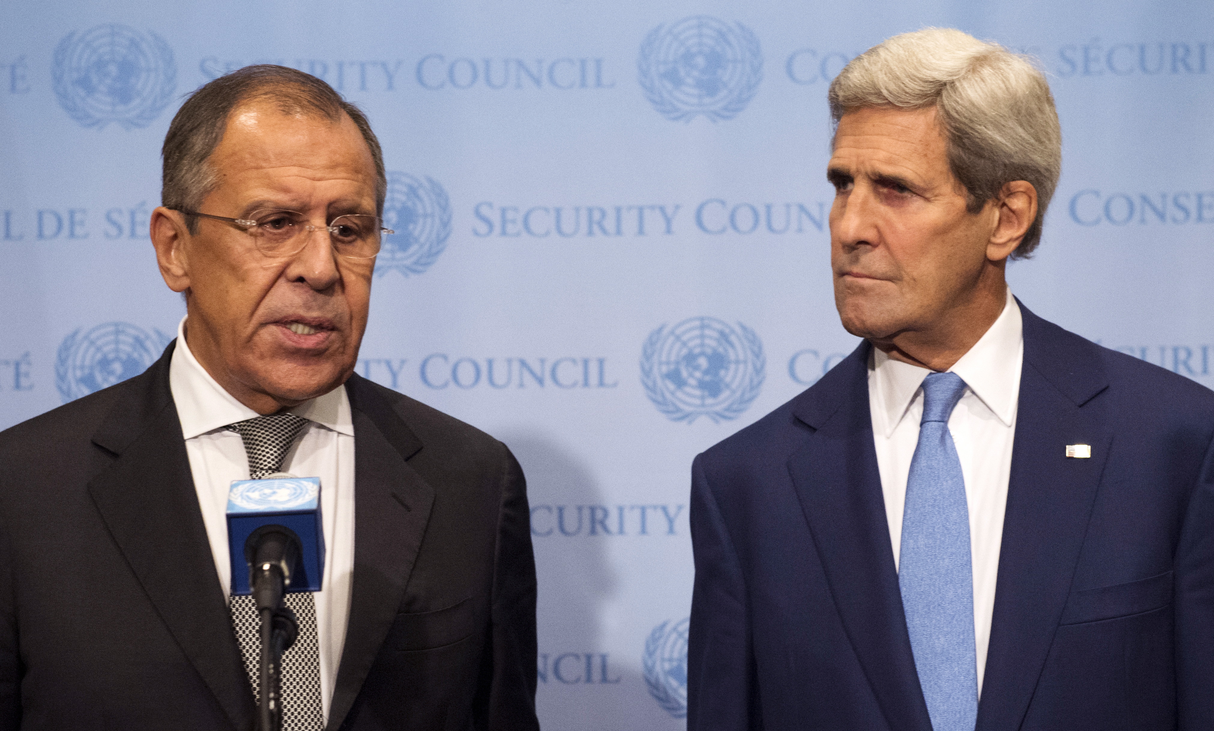 From Left: Russian Foreign Minister Sergei Lavrov speaks during a news conference with United States Secretary of State John Kerry at the U.N. headquarters in New York September 30, 2015.