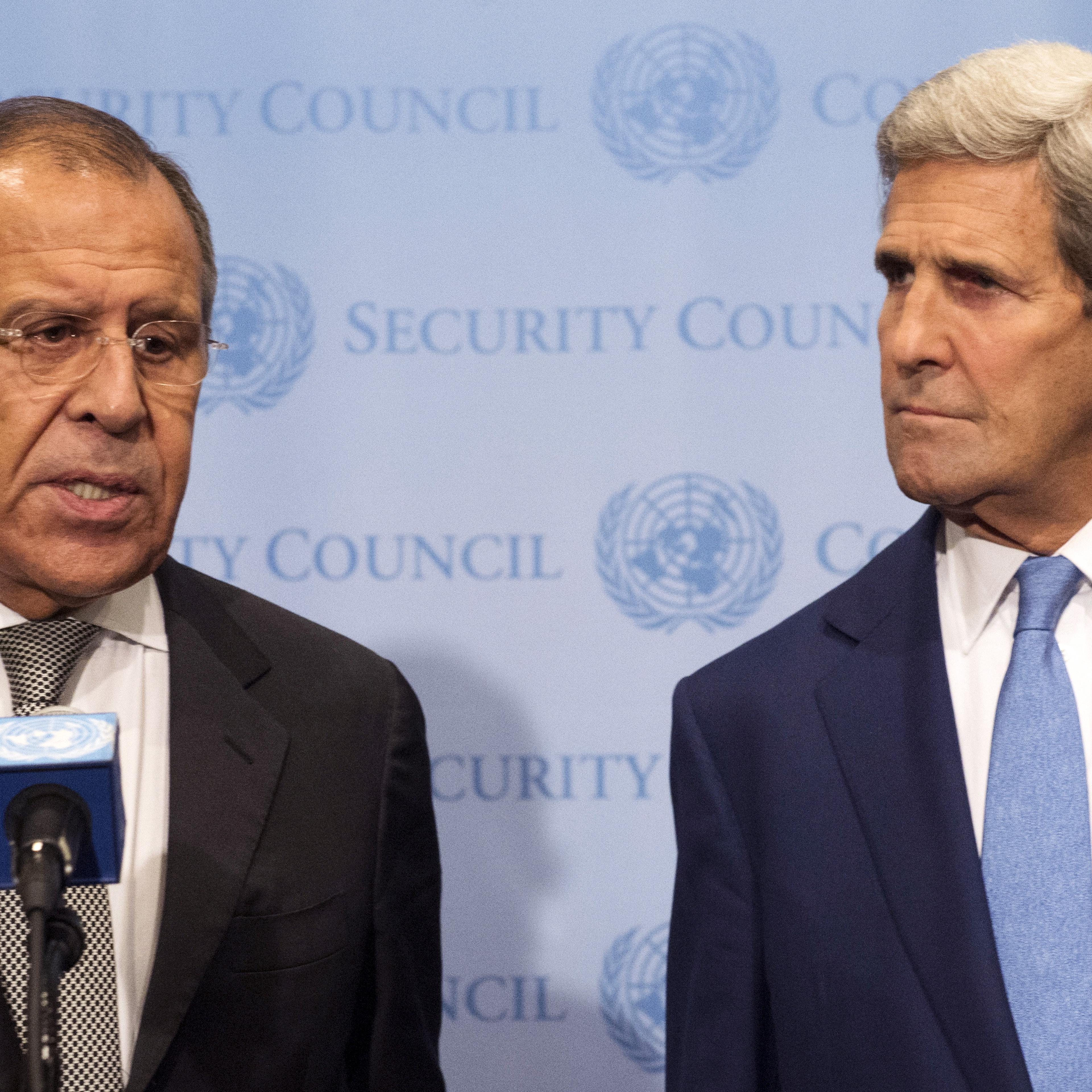 From Left: Russian Foreign Minister Sergei Lavrov speaks during a news conference with United States Secretary of State John Kerry at the U.N. headquarters in New York September 30, 2015.