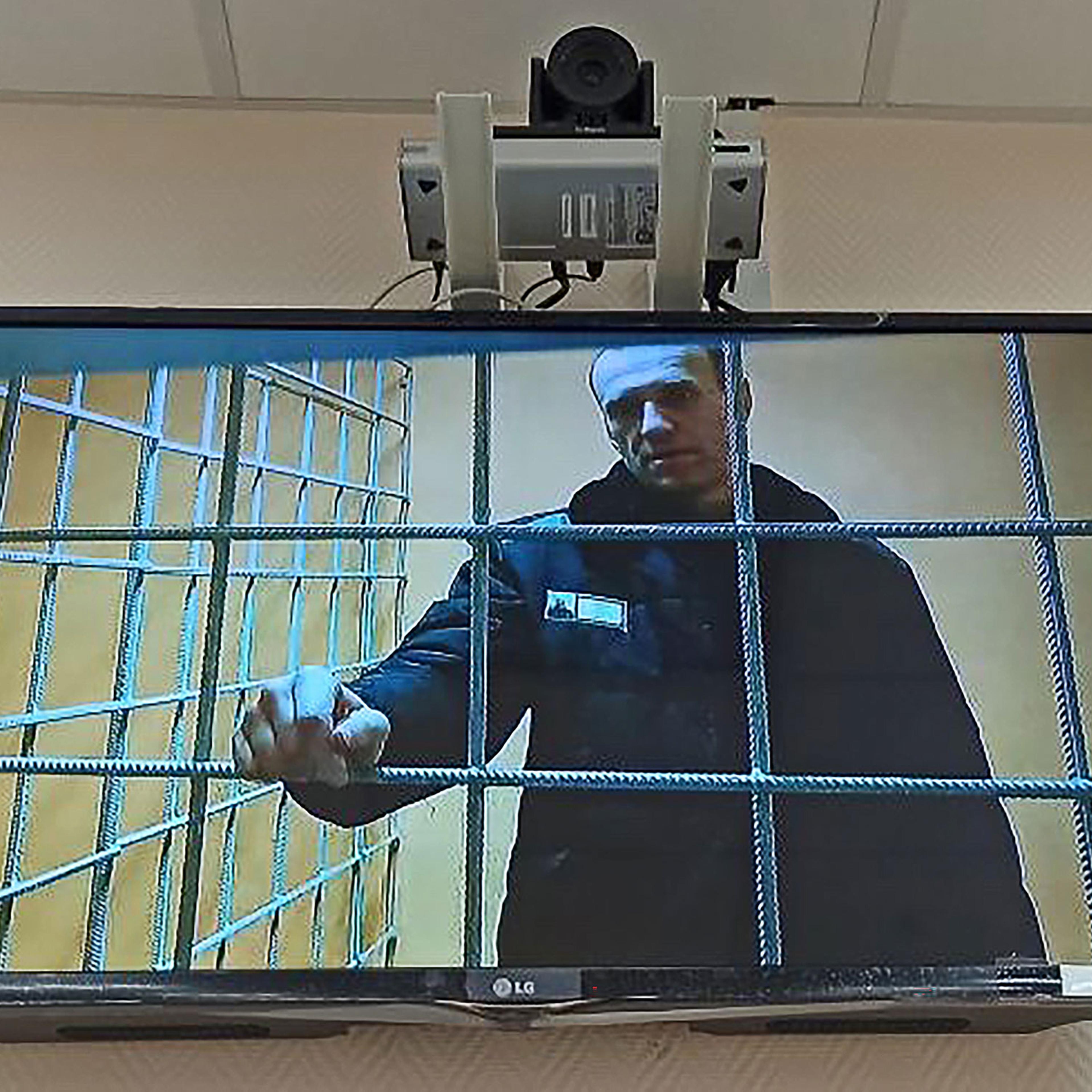Russian opposition activist Alexei Navalny is seen on the screen during a hearing at the Petushki District Court on January 17, 2022.