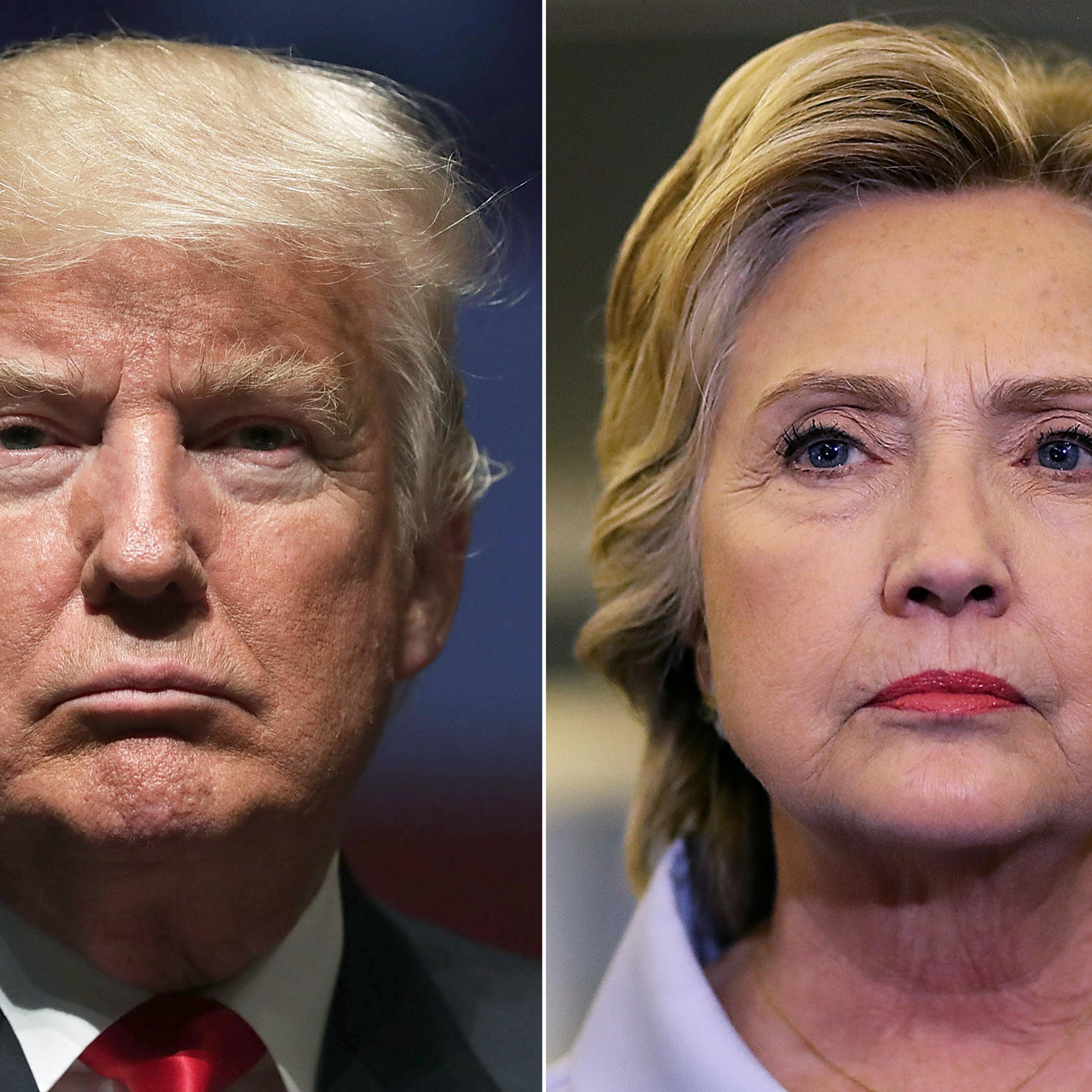 Donald Trump in Virginia Beach, VA, on Sept. 6, 2016 (L); Hillary Clinton on her campaign plane en route to Iowa, on Sept. 5, 2016.