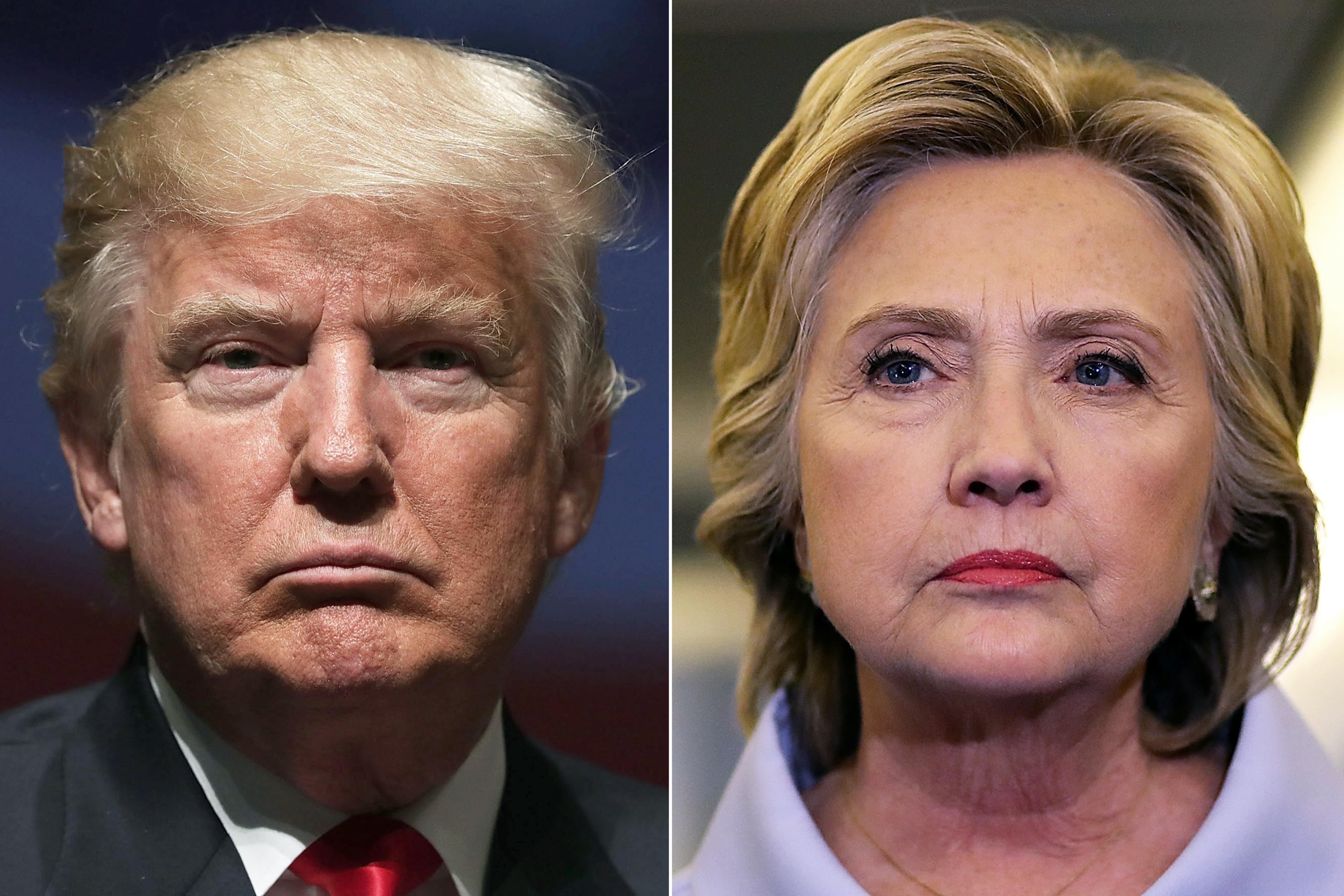 Donald Trump in Virginia Beach, VA, on Sept. 6, 2016 (L); Hillary Clinton on her campaign plane en route to Iowa, on Sept. 5, 2016.