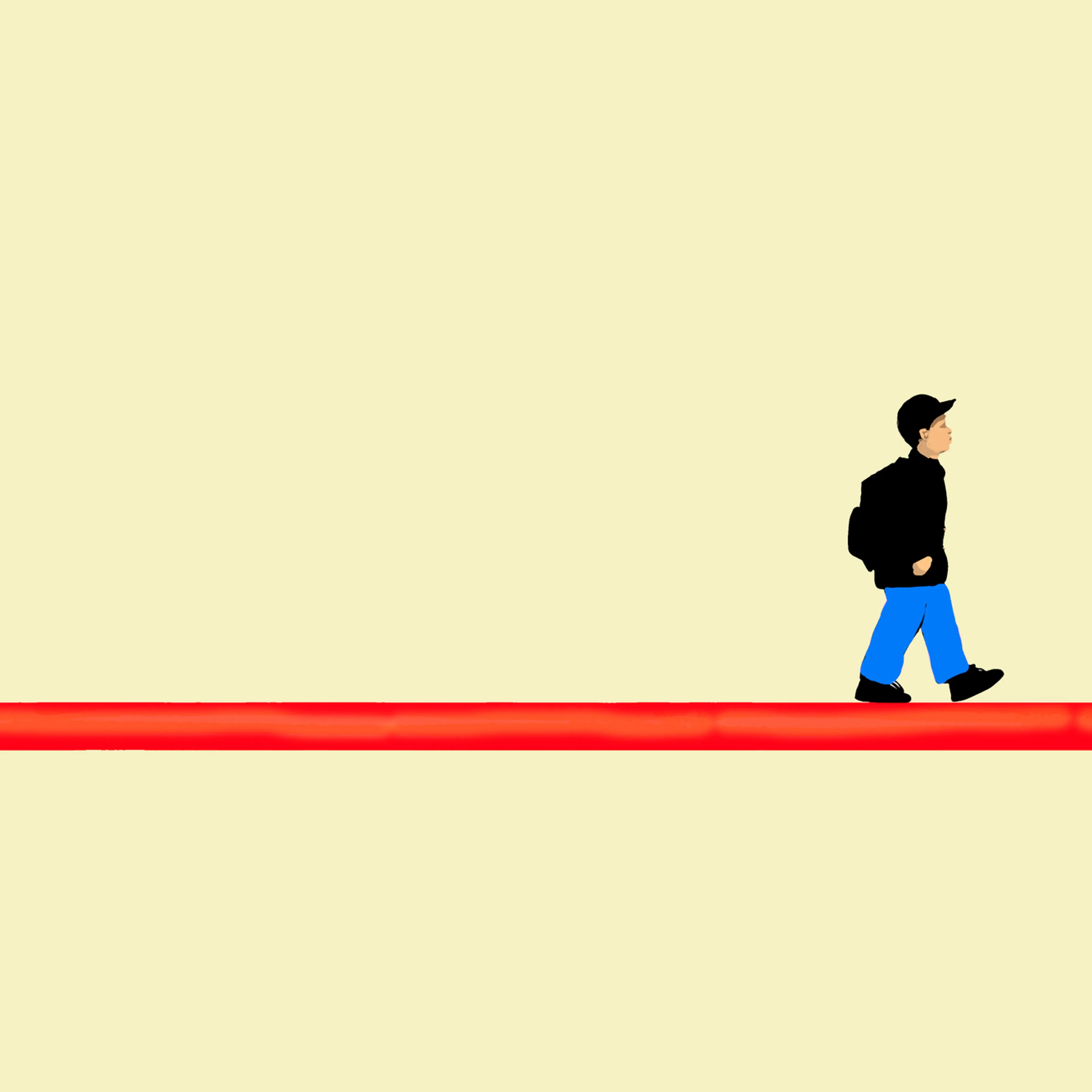 Schoolboy walking on oversized pencil