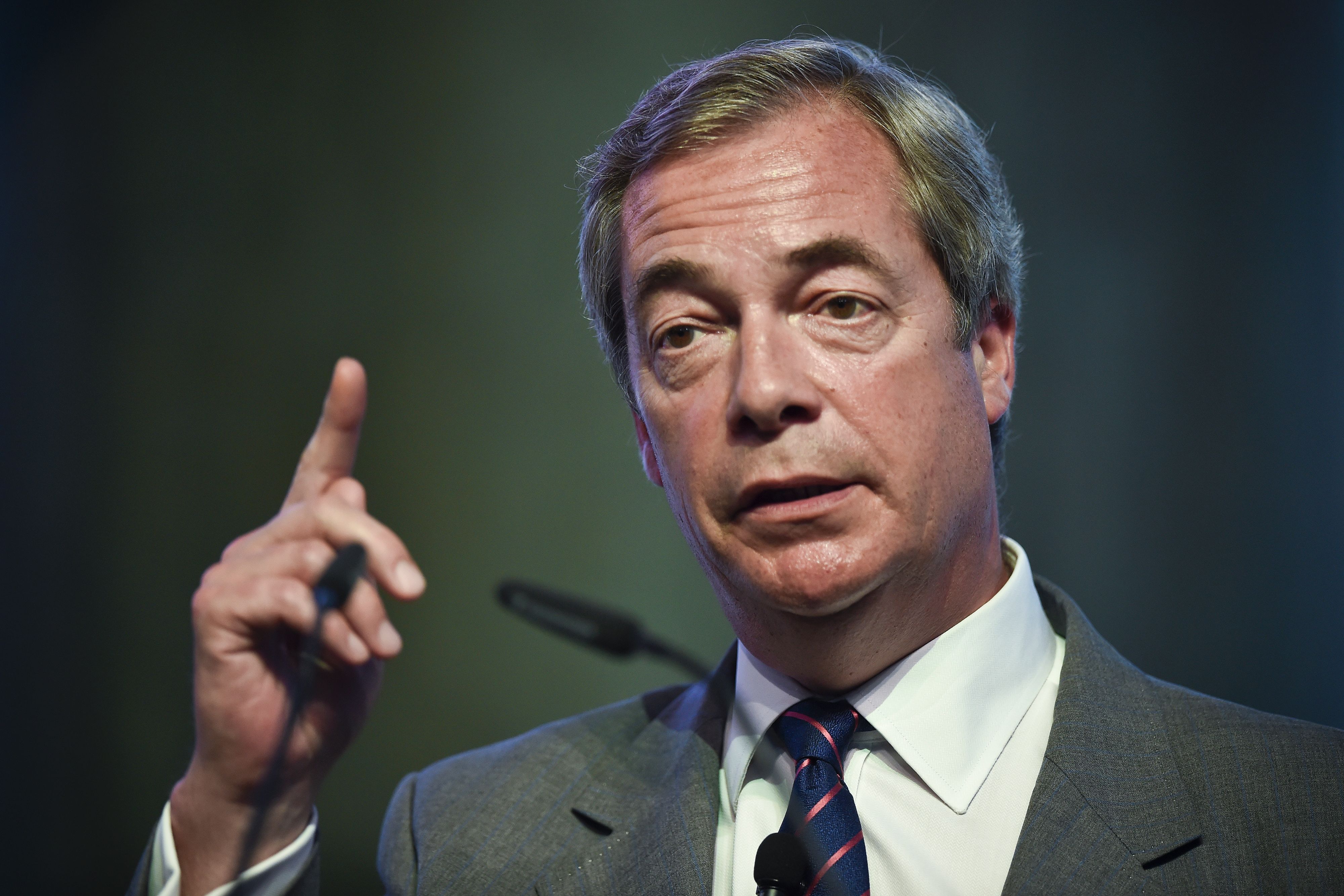 Former leader of the UKIP, Briton Nigel Farage delivers a speech before a debate at the Estoril Conferences- Global Challenges Local Answers held in Estoril on the outskirts of Lisbon, on May 30, 2017.