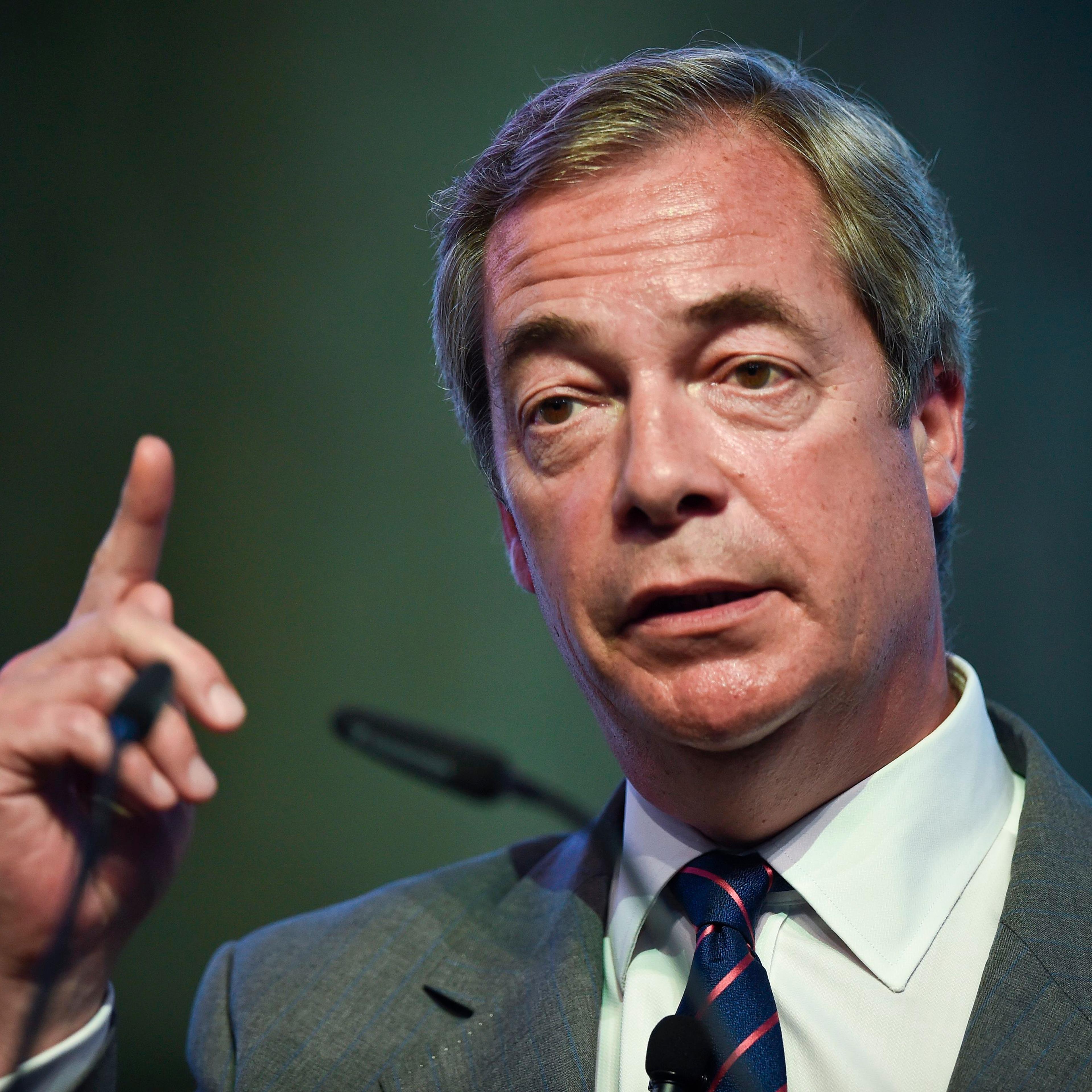 Former leader of the UKIP, Briton Nigel Farage delivers a speech before a debate at the Estoril Conferences- Global Challenges Local Answers held in Estoril on the outskirts of Lisbon, on May 30, 2017.