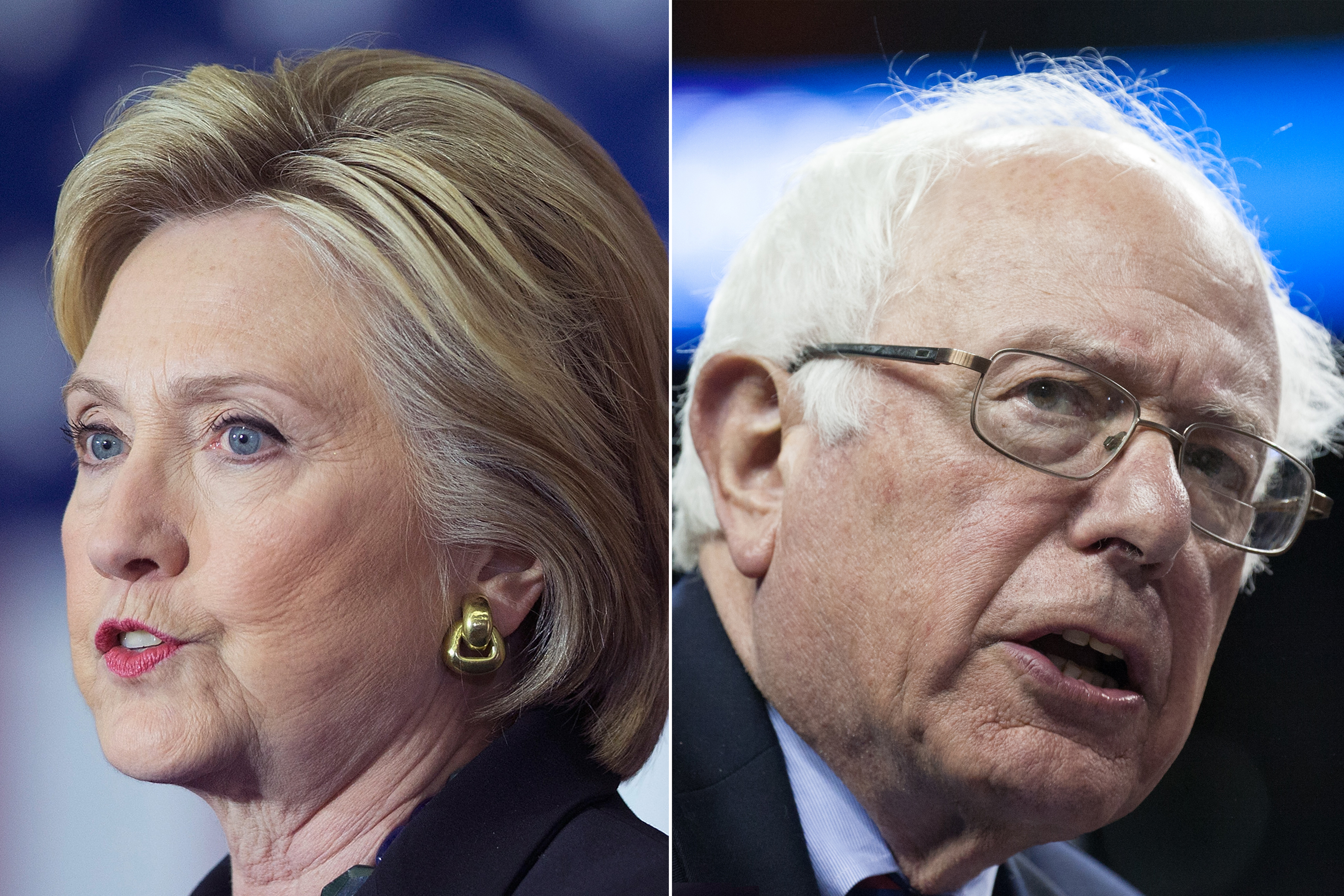Hillary Clinton speaks in Madison, WI, in March 2016 (L); Bernie Sanders speaks in Seattle, WA, in March 2016.