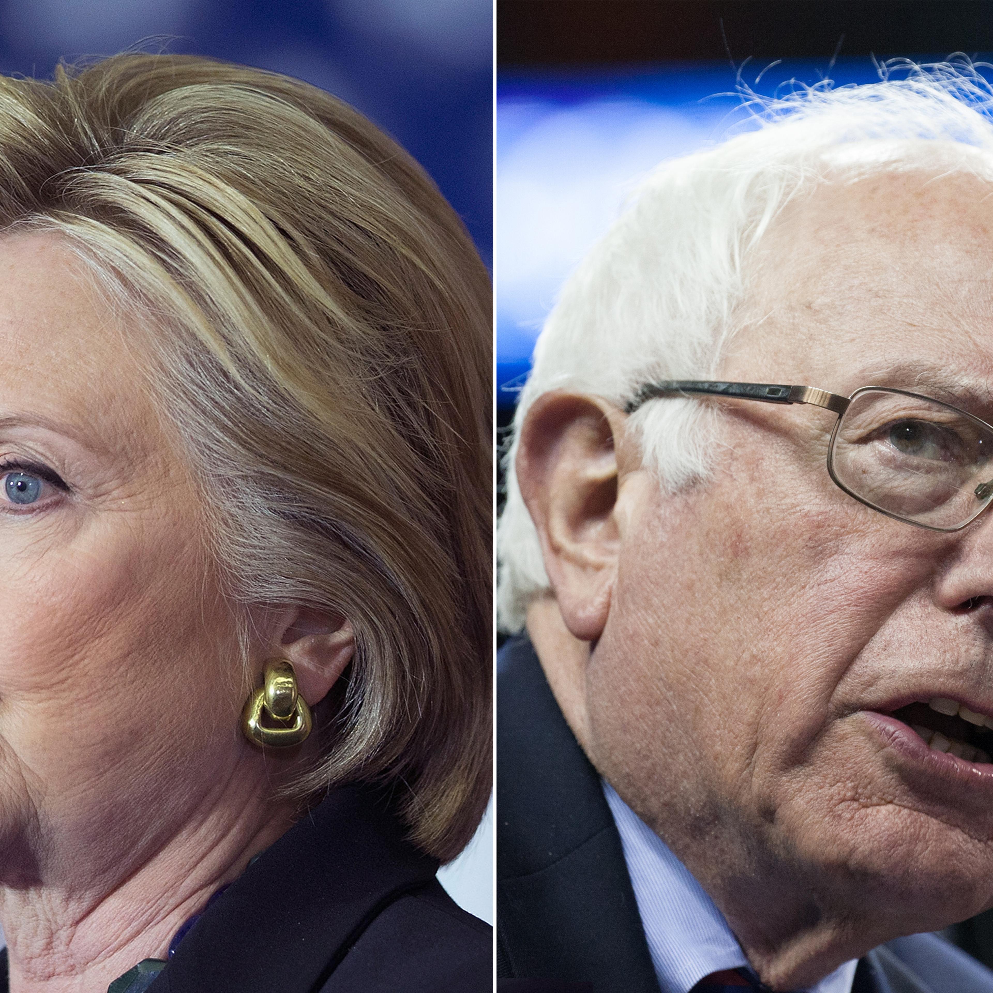 Hillary Clinton speaks in Madison, WI, in March 2016 (L); Bernie Sanders speaks in Seattle, WA, in March 2016.