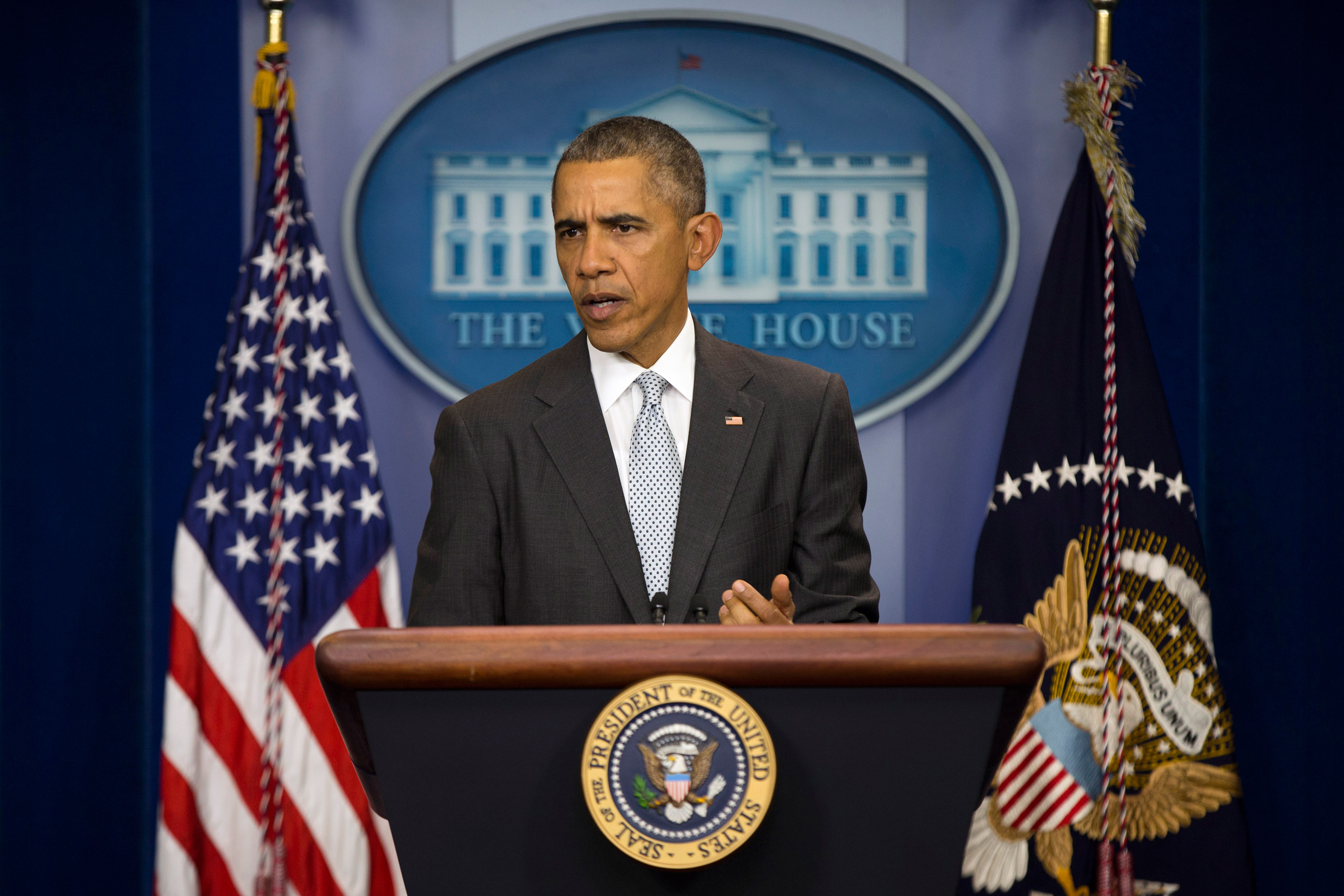 President Barack Obama speaks about attacks in Paris from the briefing room of the White House, on Friday, Nov. 13, 2015, in Washington. Obama is calling the attacks on Paris an "outrageous attempt to terrorize innocent civilians" and vows to do whatever